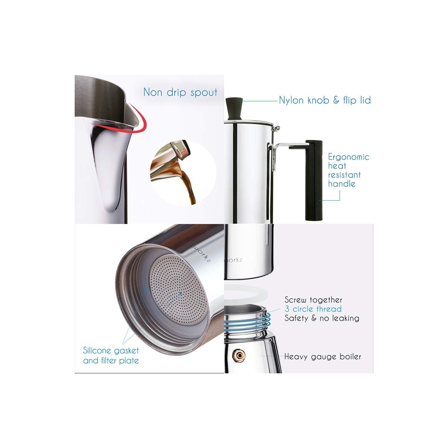 Easyworkz Pedro Stovetop Espresso Maker 4-6Cup 300ml Stainless Steel Italian Coffee Machine Maker Induction Moka Pot