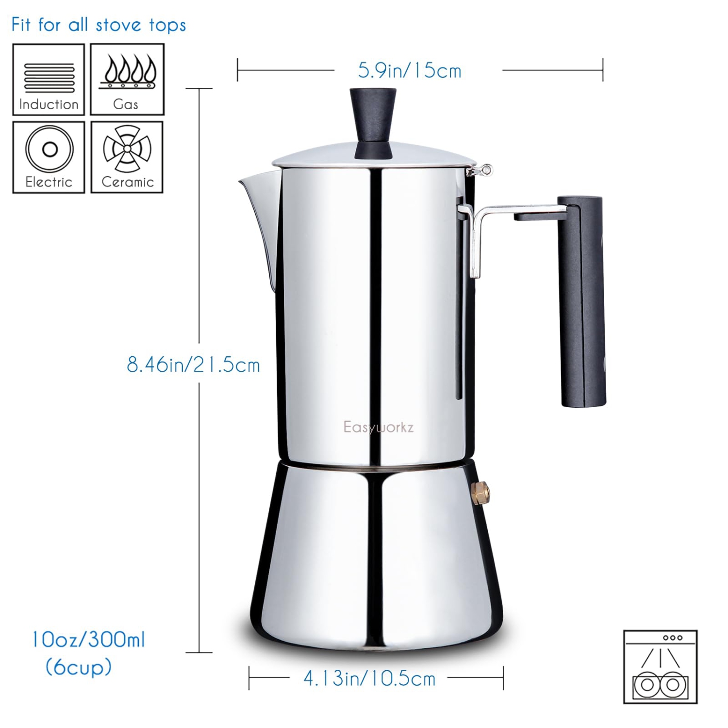 Easyworkz Pedro Stovetop Espresso Maker 4-6Cup 300ml Stainless Steel Italian Coffee Machine Maker Induction Moka Pot
