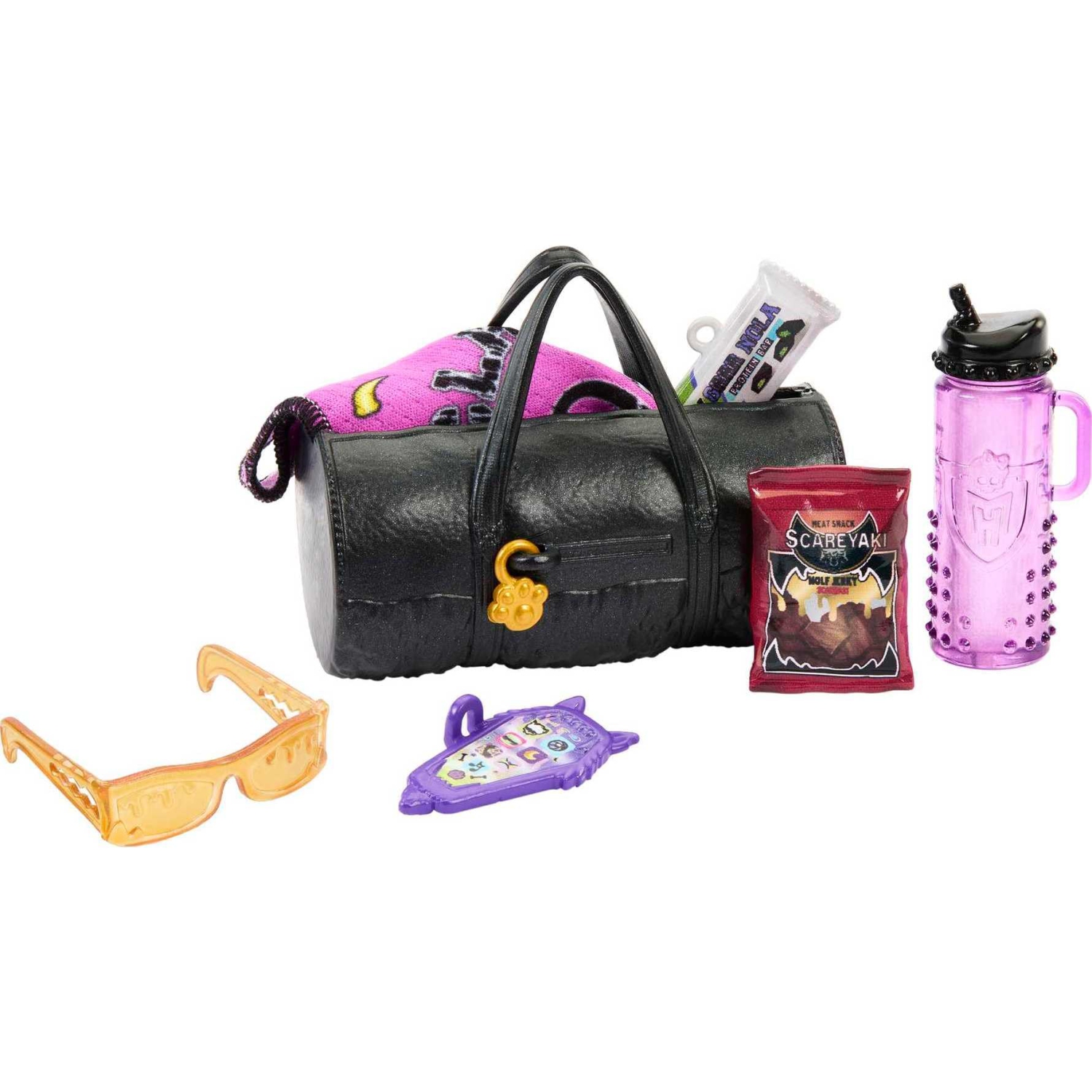 Monster High, Clawd Wolf Werewolf avec animal de compagnie Gargoyle Bulldog et accessoires à thème, comprend un chandail et un sac de basketball