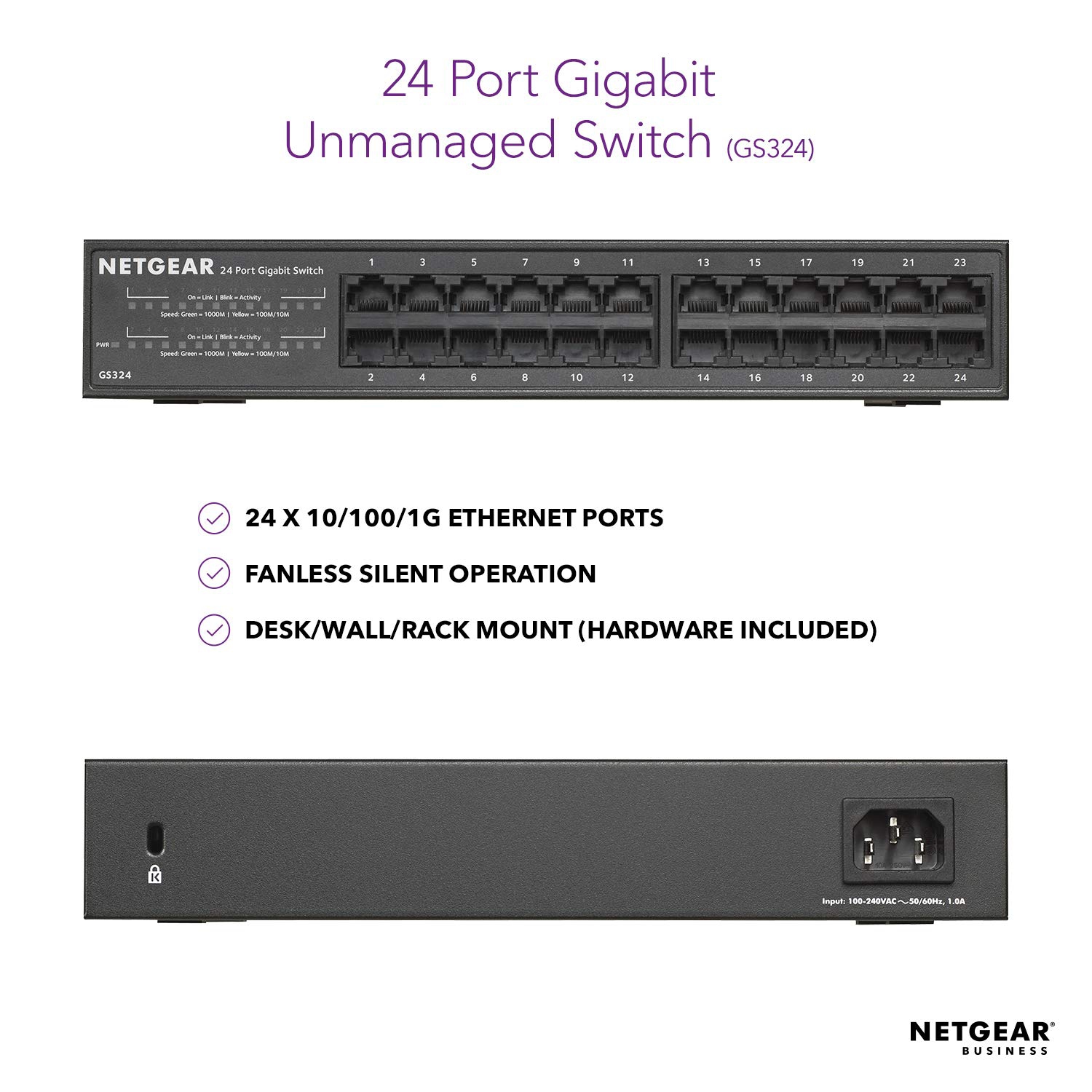 Remis à neuf – Commutateur non géré Ethernet GS324 de NETGEAR | Gigabit 24 ports | Plug and Play | Montage sur bâti
