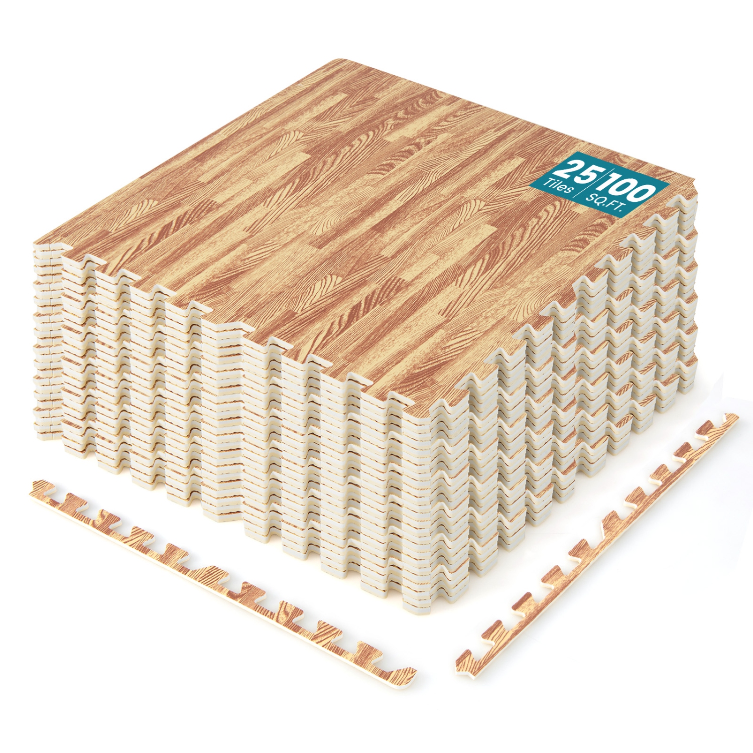 Gymax 25 Tiles Wood Grain EVA Foam Floor Mats Interlocking w/ Borders 24'' Natural