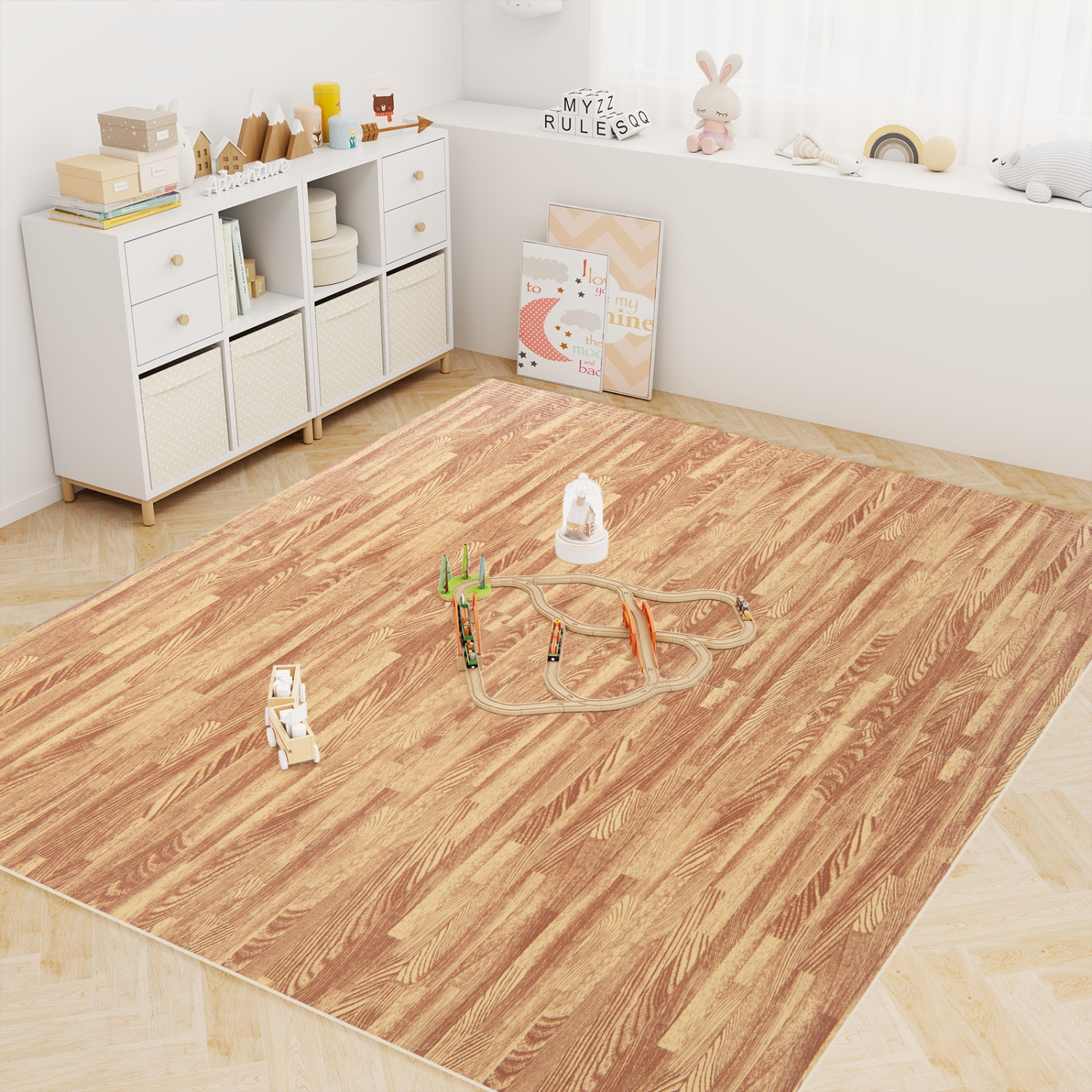 Gymax 25 Tiles Wood Grain EVA Foam Floor Mats Interlocking w/ Borders 24'' Natural