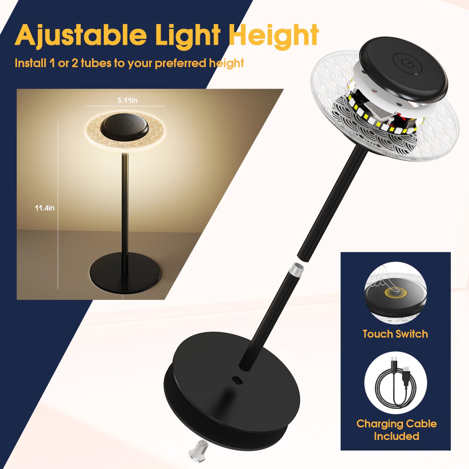 Lampe de table sans fil, lampe de chevet rechargeable LED, lampe sans fil à gradation progressive RVB pour chambre à coucher