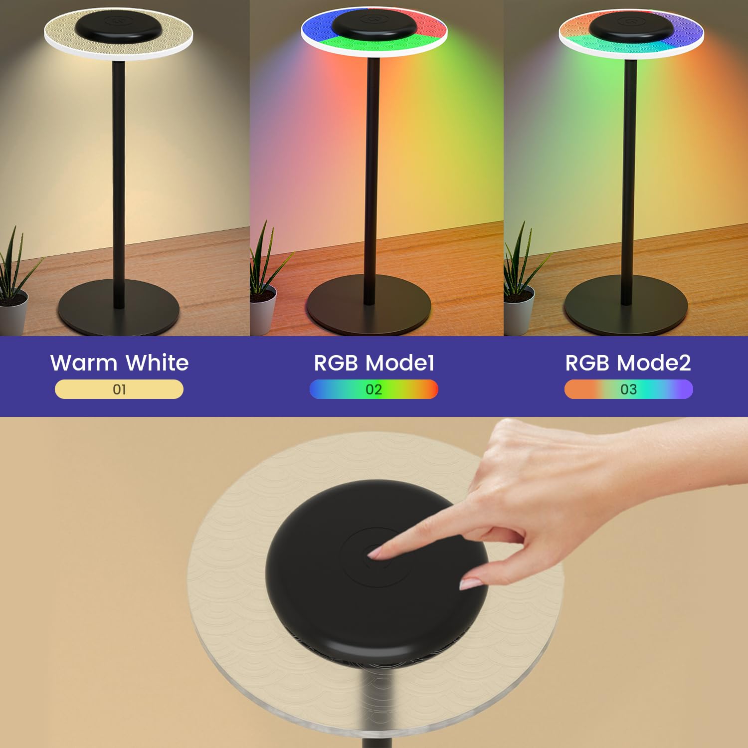 Lampe de table sans fil, lampe de chevet rechargeable LED, lampe sans fil à gradation progressive RVB pour chambre à coucher