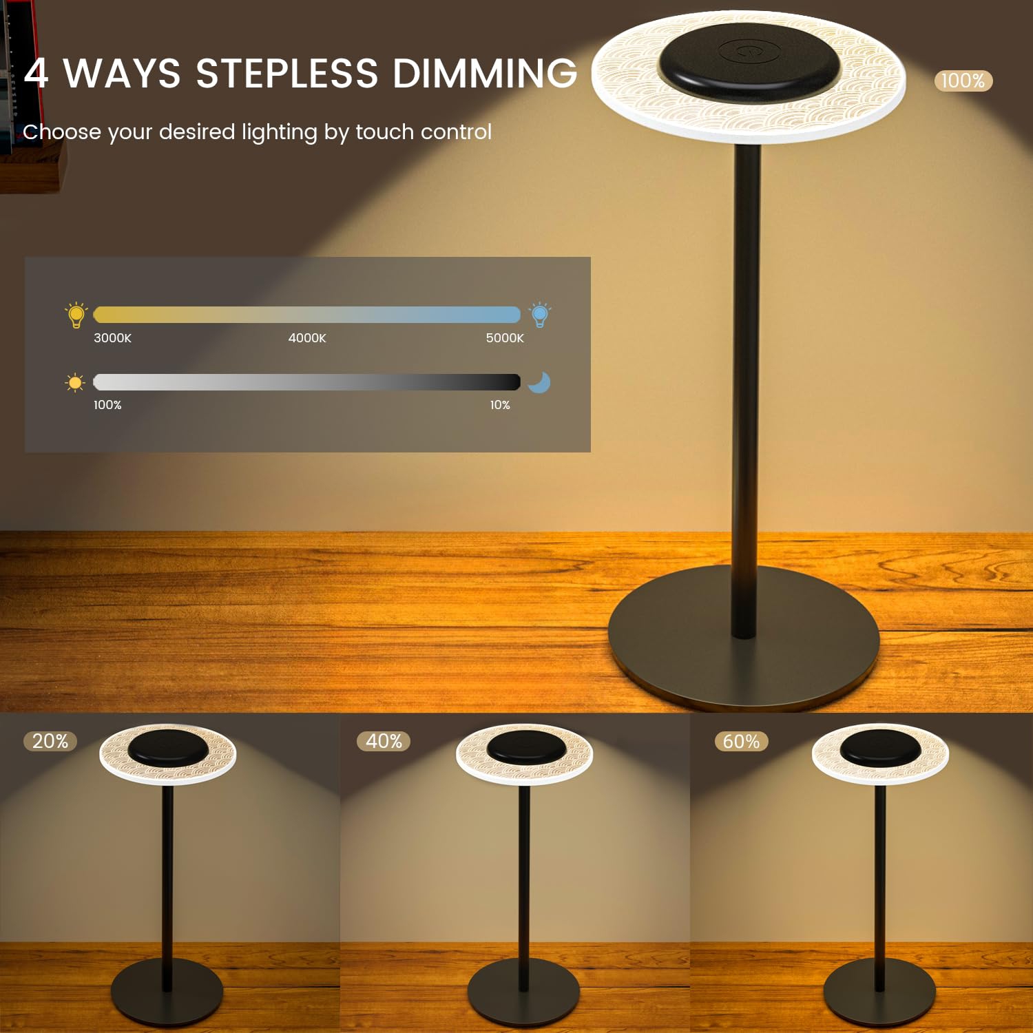 Lampe de table sans fil, lampe de chevet rechargeable LED, lampe sans fil à gradation progressive RVB pour chambre à coucher