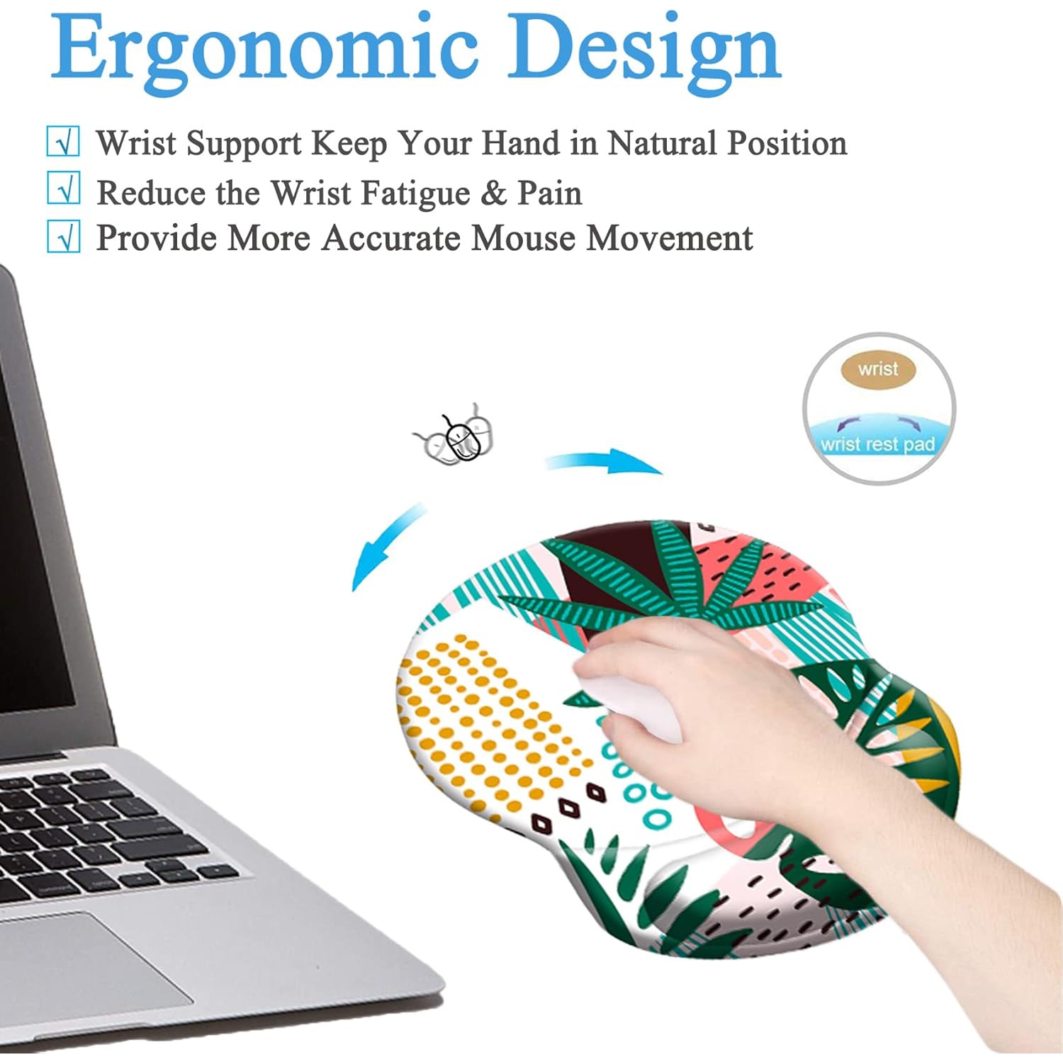 Mouse Pad Ergonomic Mouse Pad with Wrist Support, Pain Relief Comfort Wrist Rest Pad with Non-Slip PU Base for Gaming, Office,Coconut Leaves