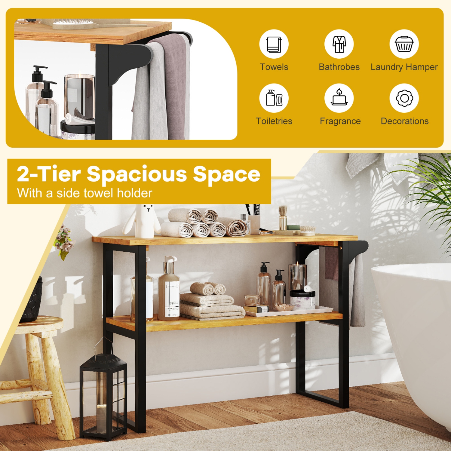 Gymax 2-Tier Bathroom Shelf w/Towel Rack Solid Teak Wood Freestanding Storage Shelves