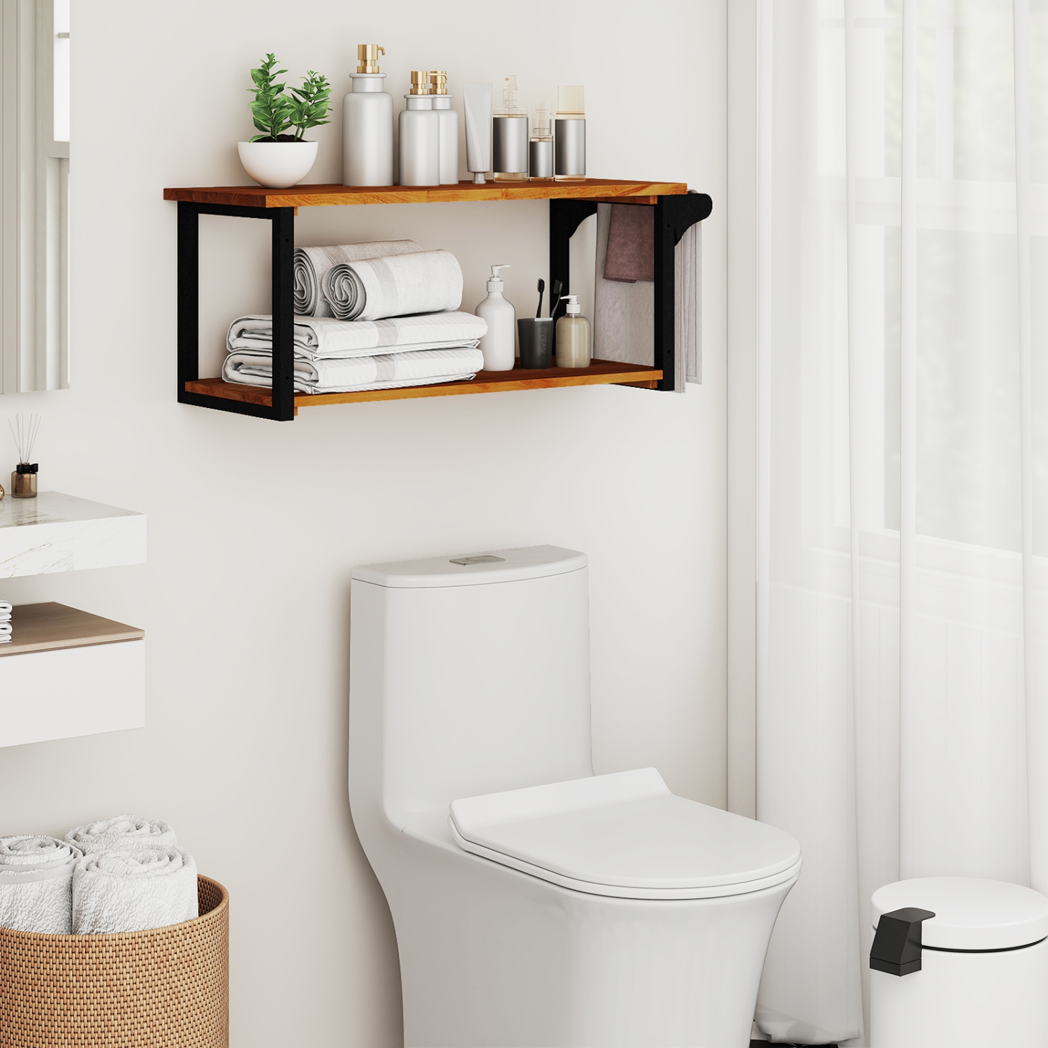 Gymax 40.5'' Long 2-Tier Storage Rack w/ Towel Bar Wall Mounted Floating Shelves