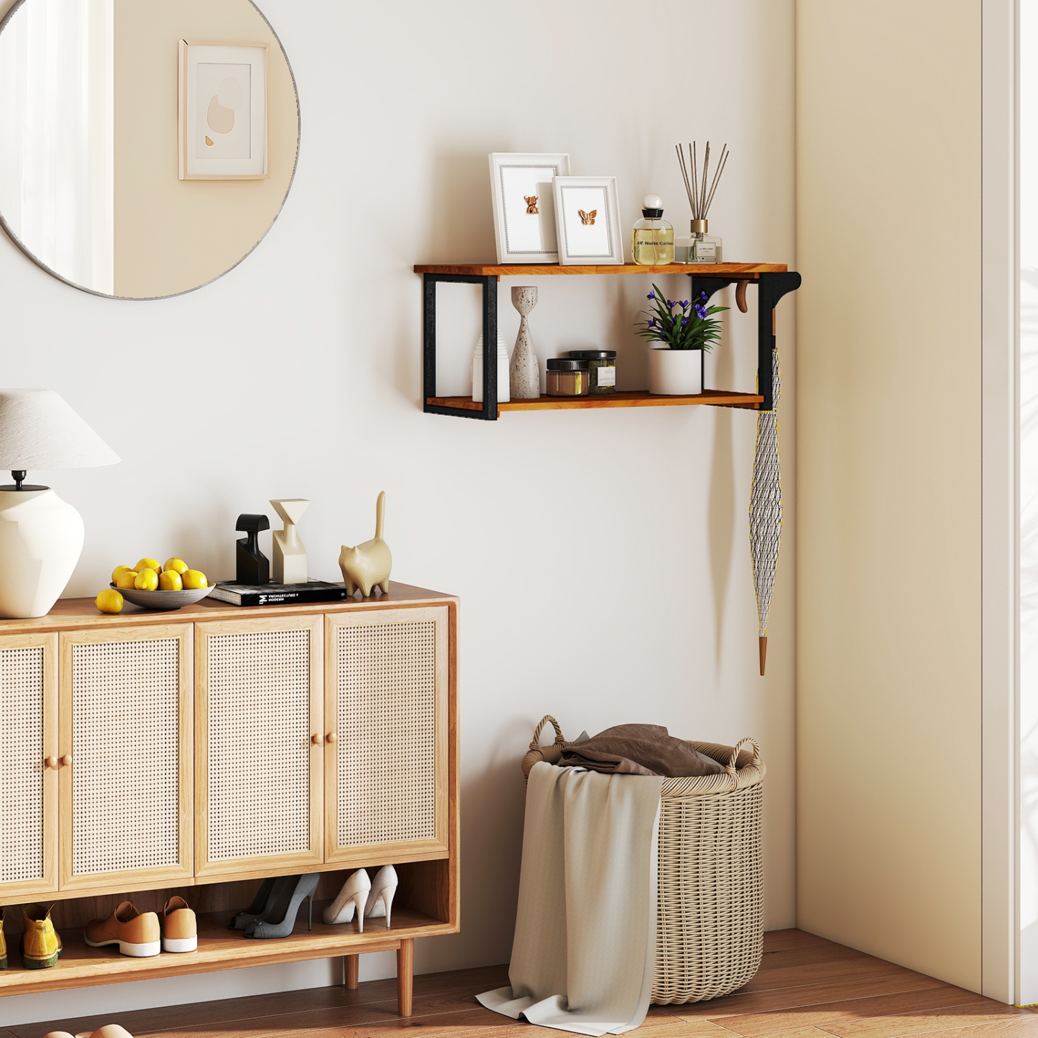 Gymax 40.5'' Long 2-Tier Storage Rack w/ Towel Bar Wall Mounted Floating Shelves