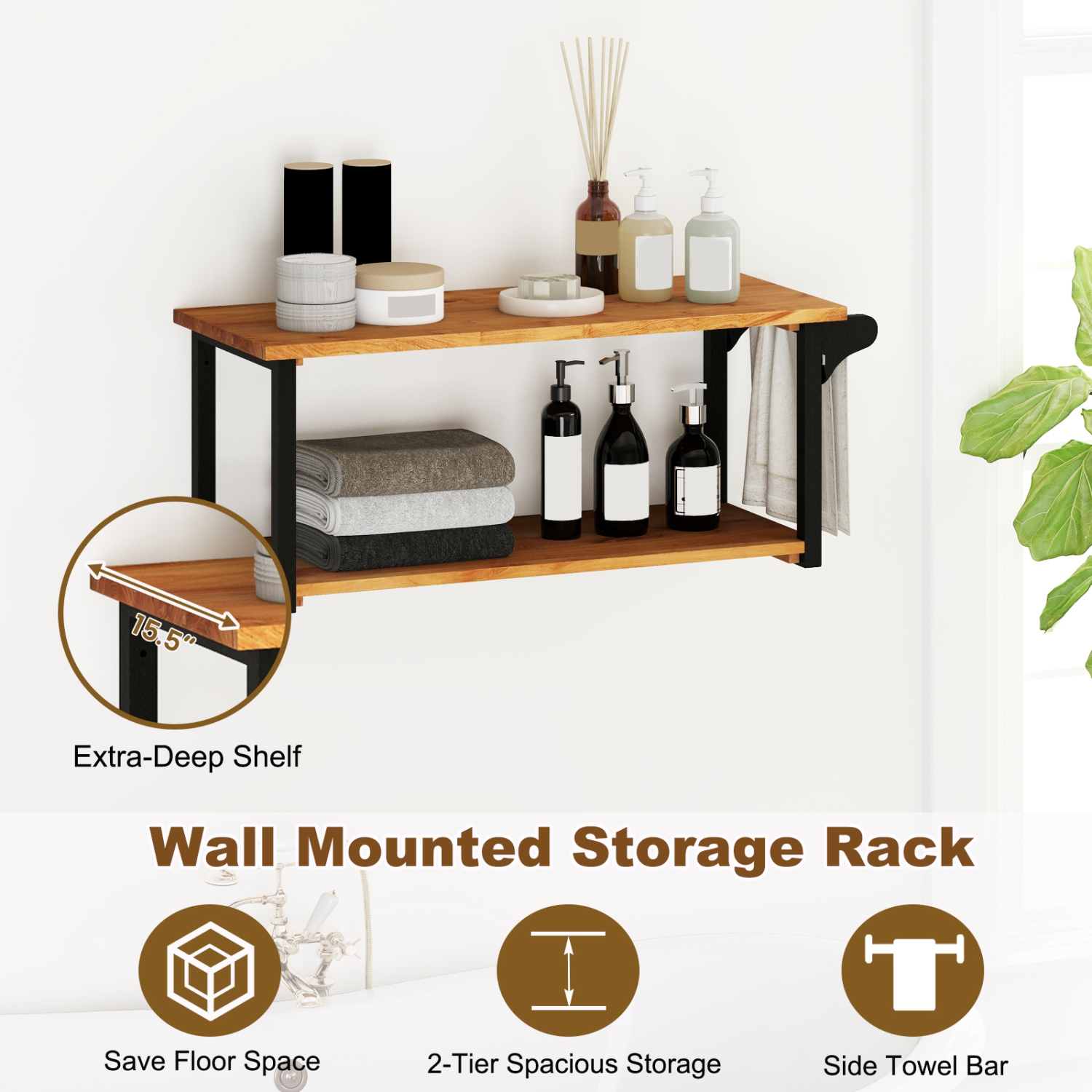 Gymax 40.5'' Long 2-Tier Storage Rack w/ Towel Bar Wall Mounted Floating Shelves