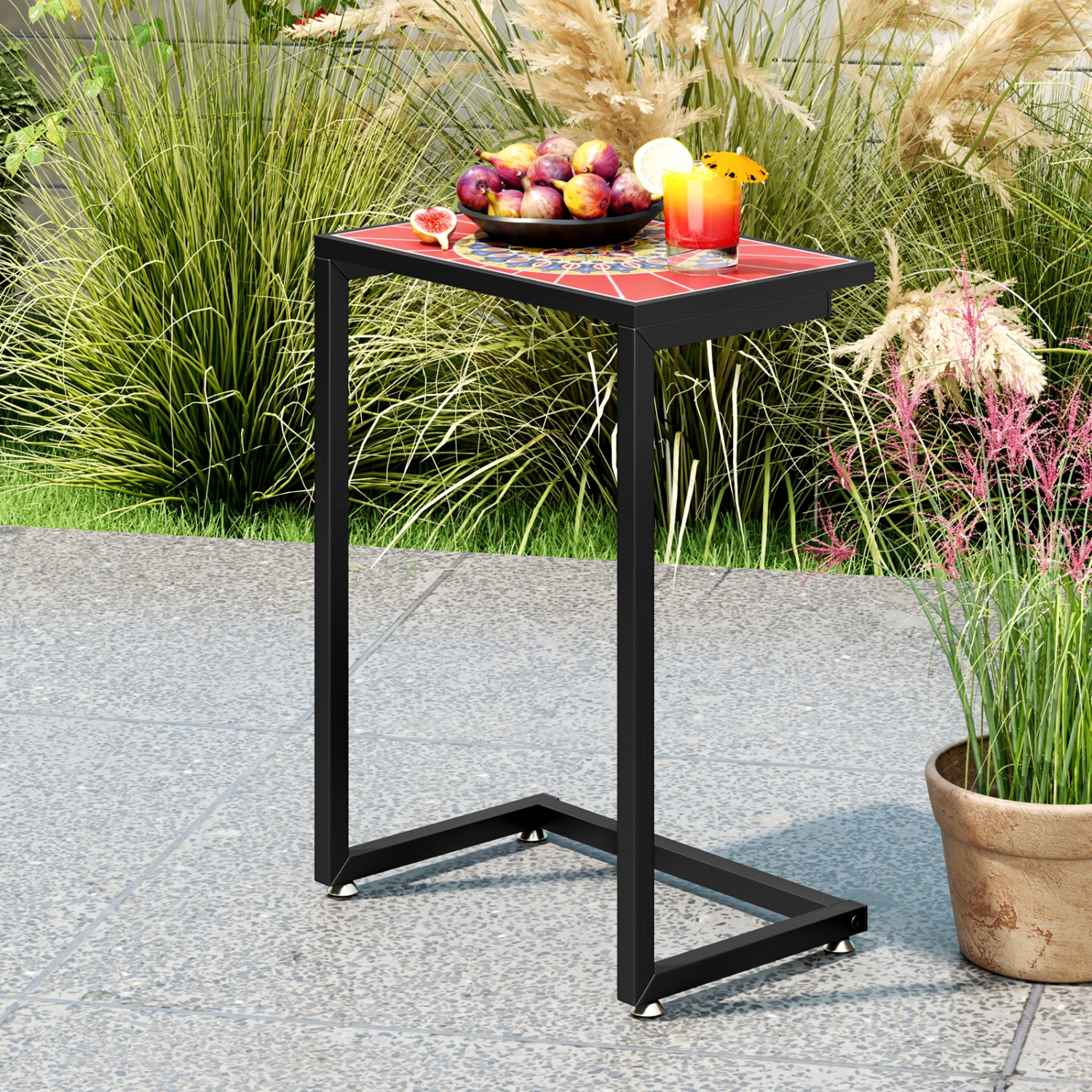 Gymax 2PCS Mosaic Outdoor C-Shaped End Table w/ Ceramic Tile Top Sturdy Metal Frame