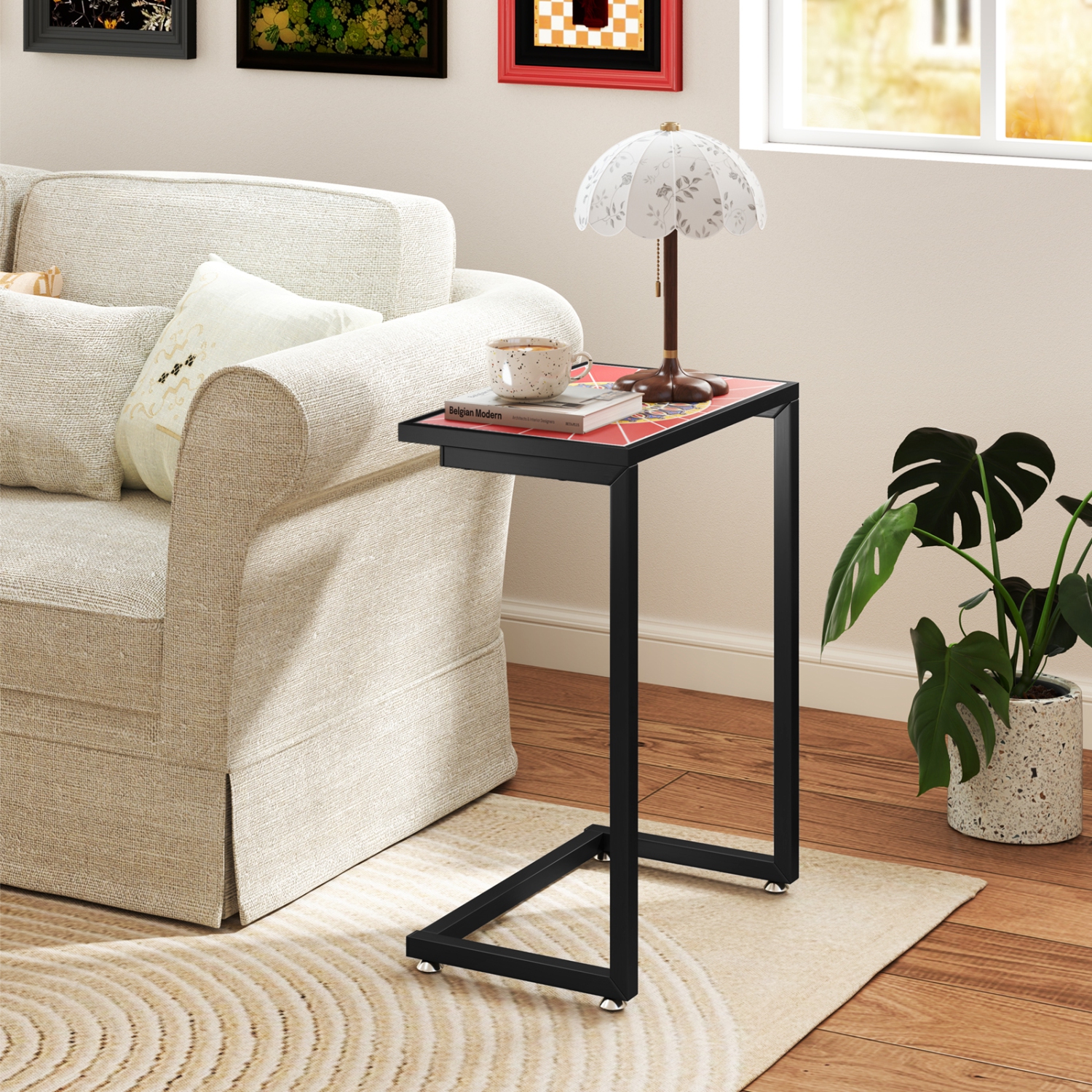 Gymax 2PCS Mosaic Outdoor C-Shaped End Table w/ Ceramic Tile Top Sturdy Metal Frame