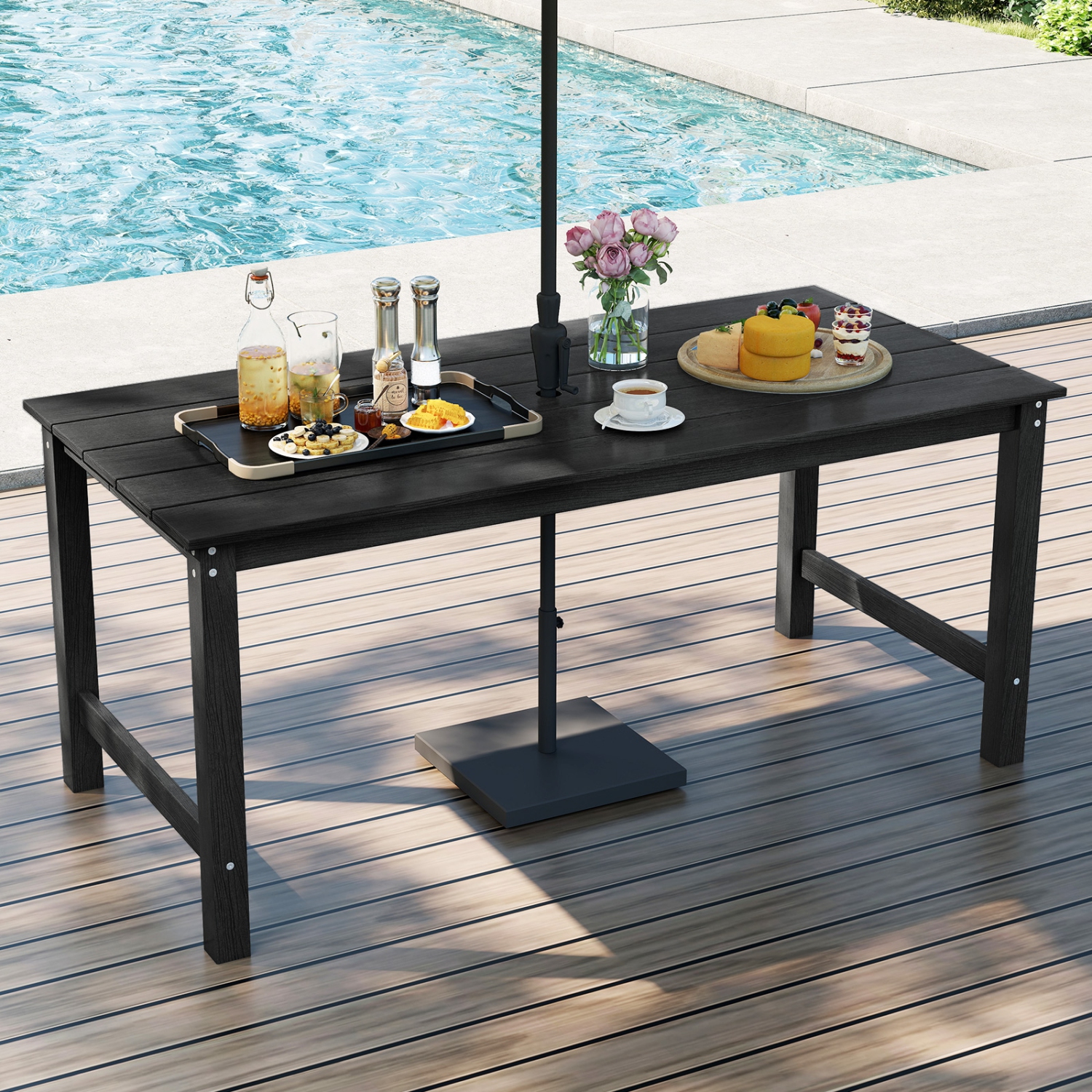 Gymax HDPE Outdoor Dining Table for 6 Person 67'' Patio Table w/ Wood-Like Tabletop