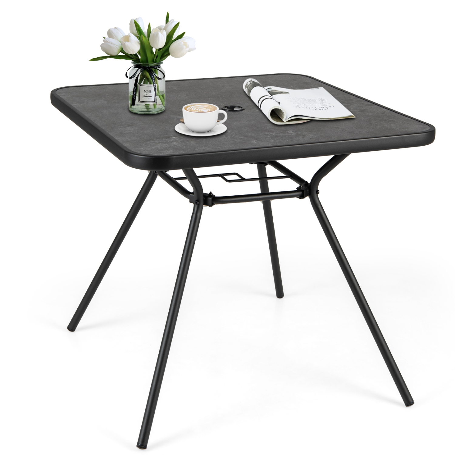 Gymax 32'' Patio Dining Table w/ 1.6'' Umbrella Hole & Lid DPC Tabletop for Backyard