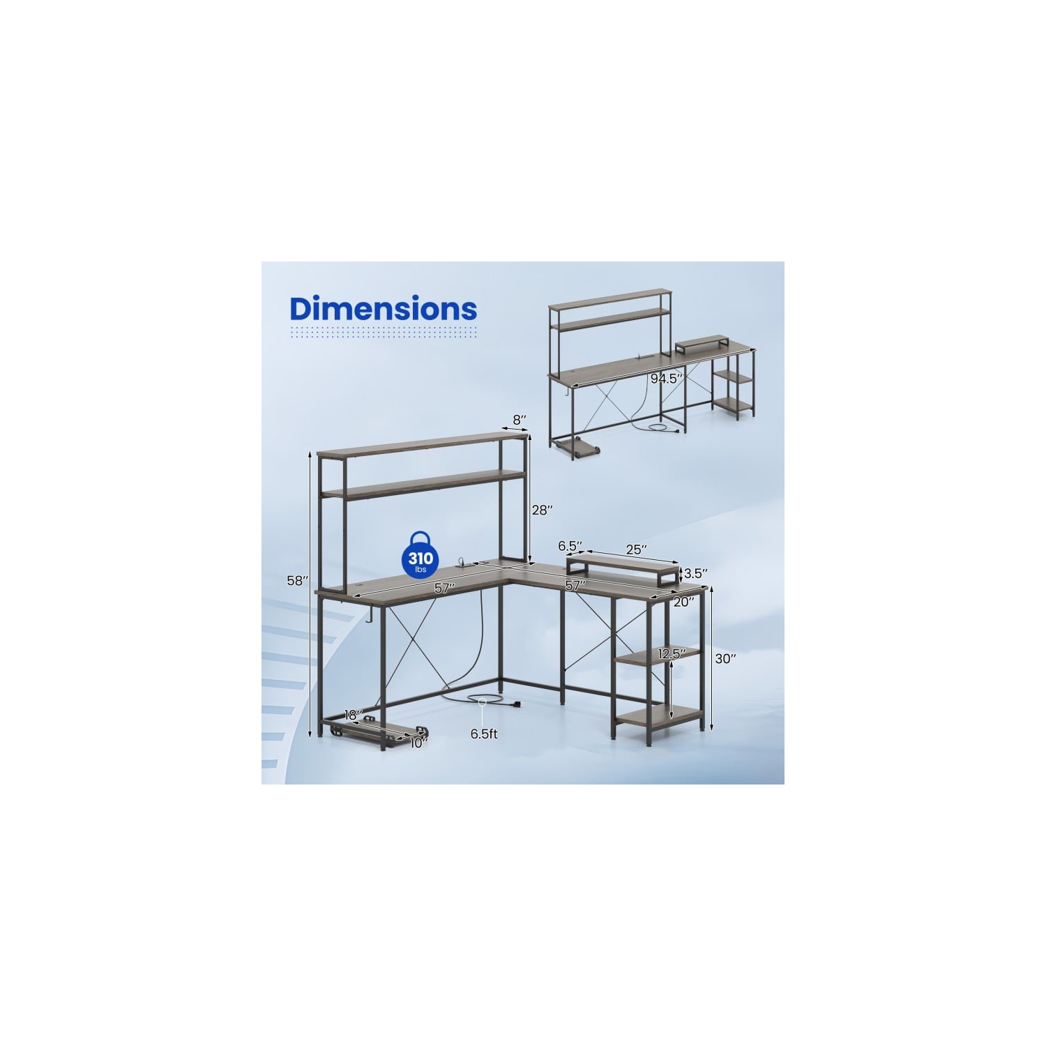 Bureau de jeu réversible en L avec bande LED, prises d'alimentation et support pour moniteur