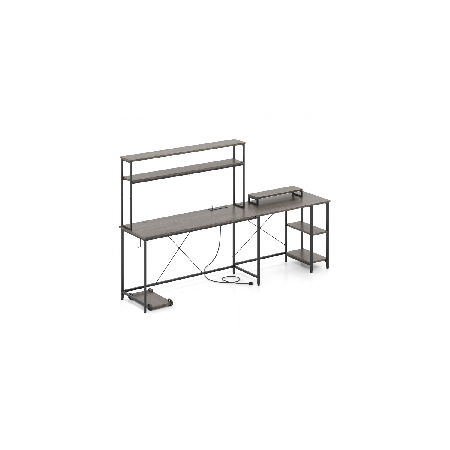 Bureau de jeu réversible en L avec bande LED, prises d'alimentation et support pour moniteur