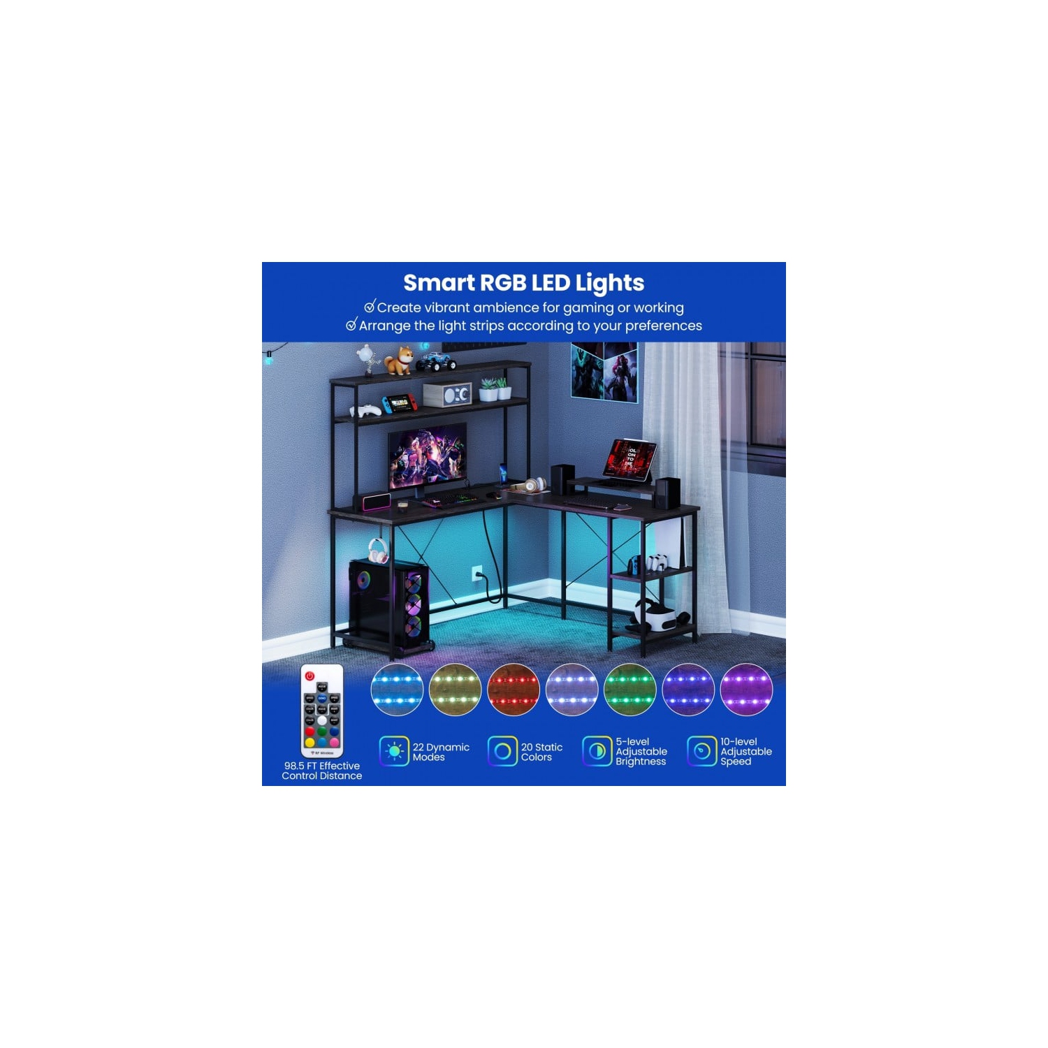 Bureau de jeu réversible en L avec bande LED, prises d'alimentation et support pour moniteur