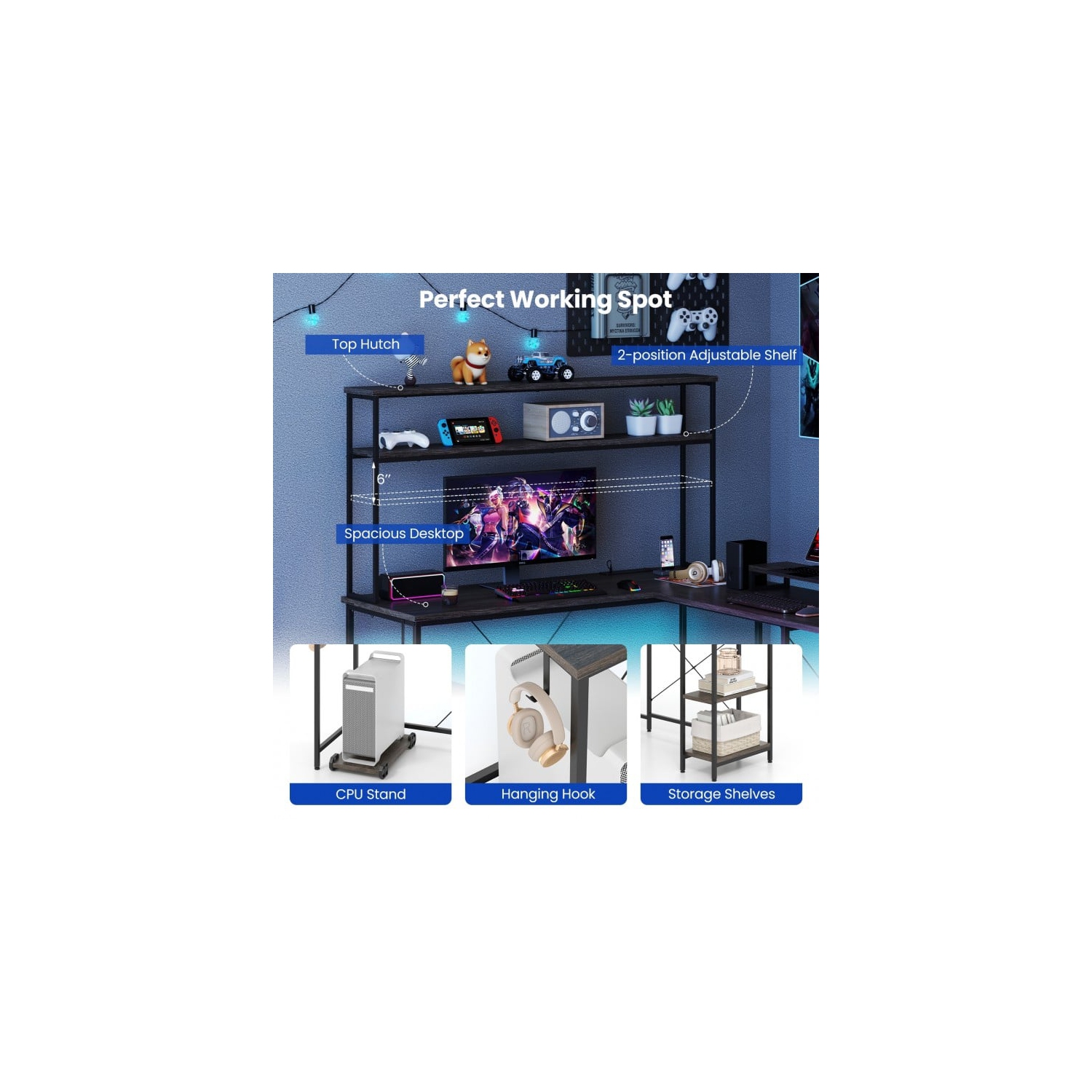 Bureau de jeu réversible en L avec bande LED, prises d'alimentation et support pour moniteur