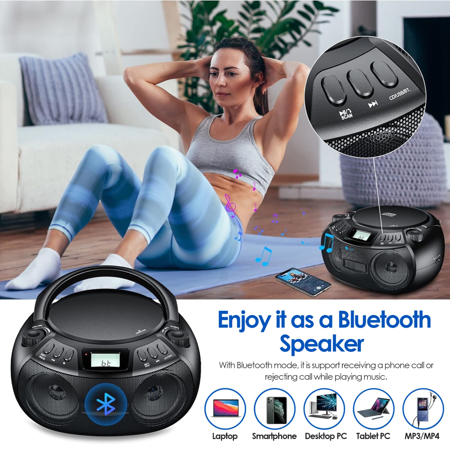 Lecteur CD stéréo portatif, haut-parleur Bluetooth avec radio FM, port USB, lecture MP3, entrée auxiliaire 3,5&nbsp;mm, prise pour écouteurs Écran ACL