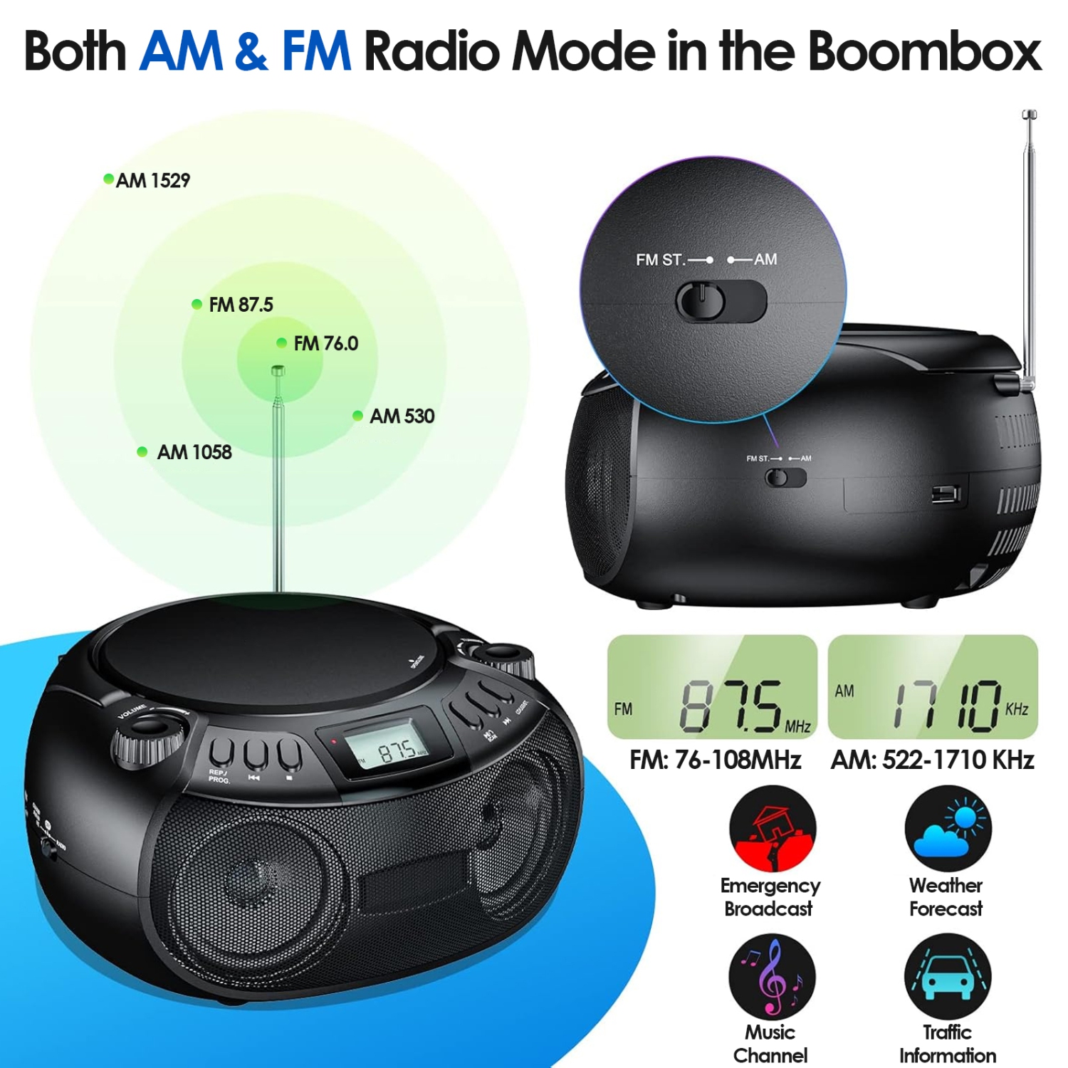 Lecteur CD stéréo portatif, haut-parleur Bluetooth avec radio FM, port USB, lecture MP3, entrée auxiliaire 3,5&nbsp;mm, prise pour écouteurs Écran ACL