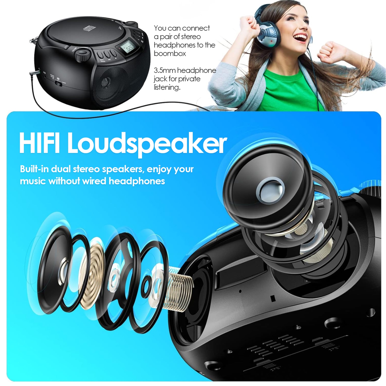 Lecteur CD stéréo portatif, haut-parleur Bluetooth avec radio FM, port USB, lecture MP3, entrée auxiliaire 3,5&nbsp;mm, prise pour écouteurs Écran ACL