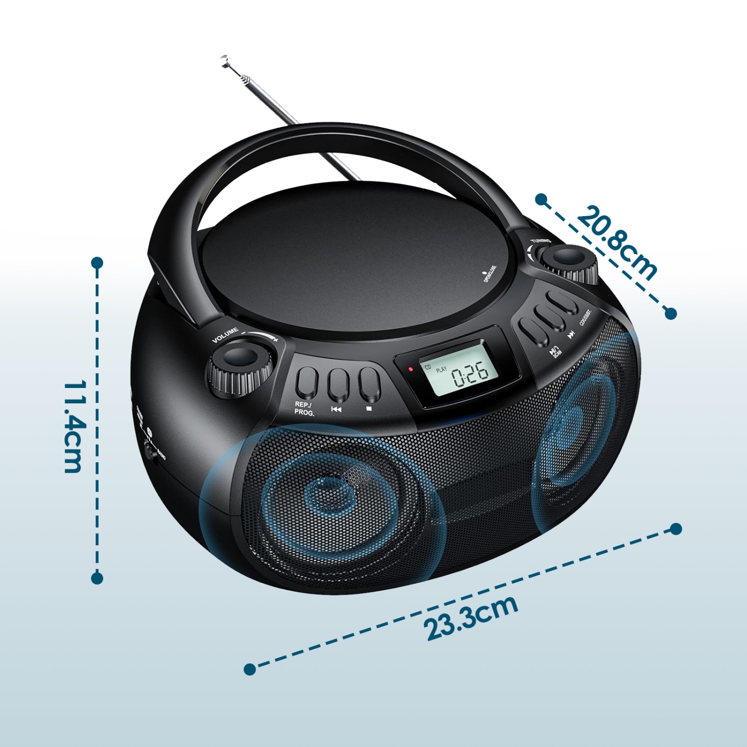 Lecteur CD stéréo portatif, haut-parleur Bluetooth avec radio FM, port USB, lecture MP3, entrée auxiliaire 3,5&nbsp;mm, prise pour écouteurs Écran ACL