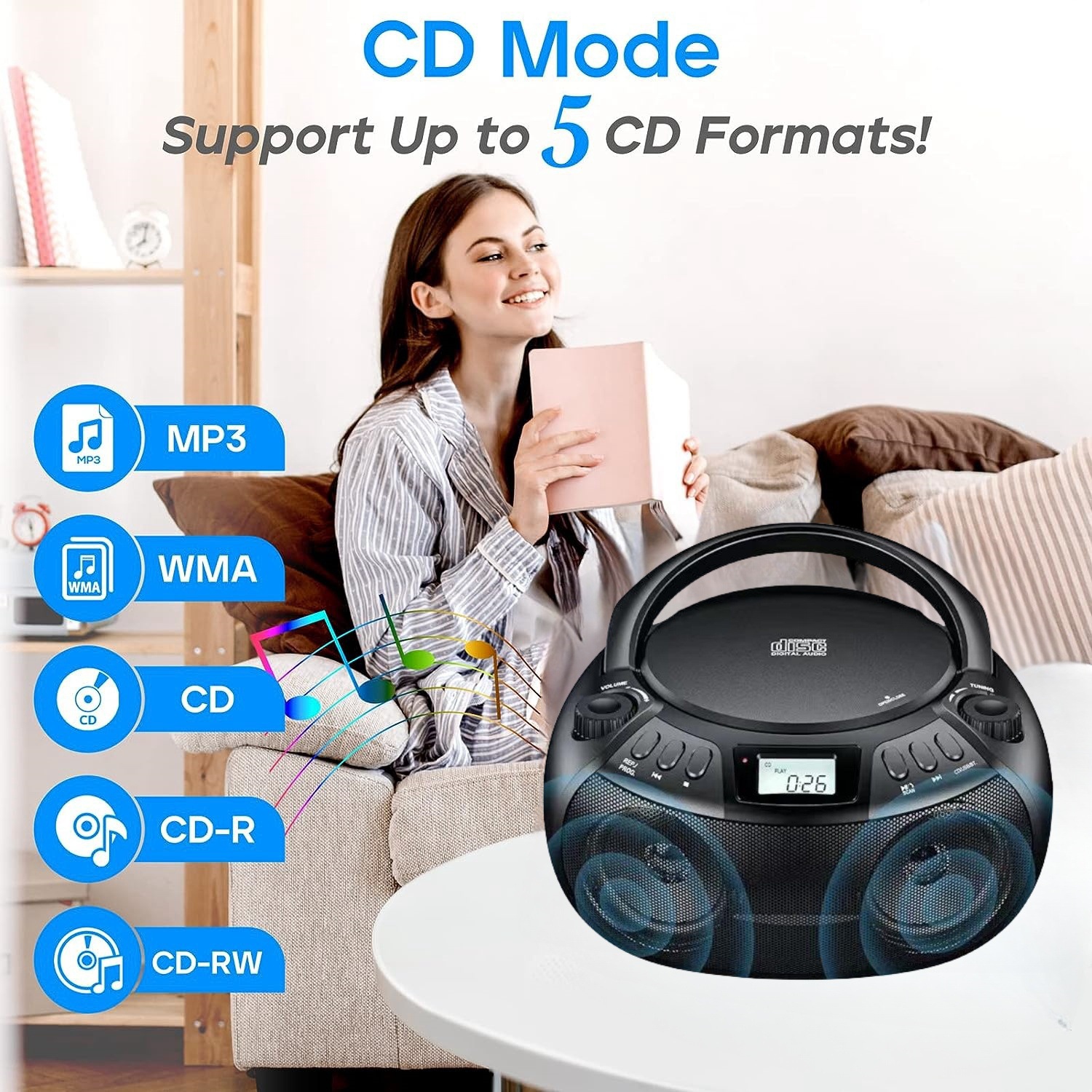 Lecteur CD stéréo portatif, haut-parleur Bluetooth avec radio FM, port USB, lecture MP3, entrée auxiliaire 3,5&nbsp;mm, prise pour écouteurs Écran ACL