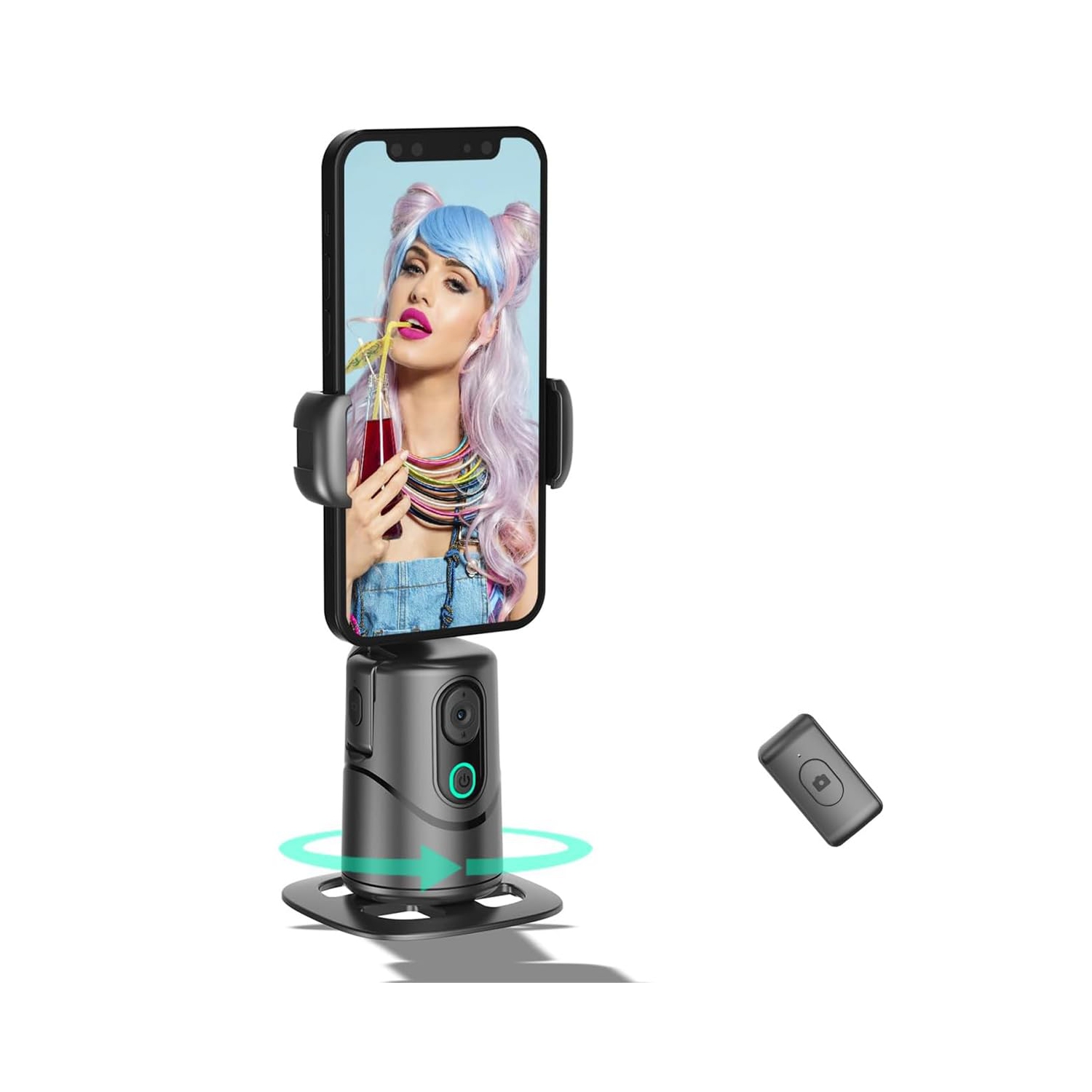 Support de téléphone de bureau, support de caméra de téléphone pivotant à 360° avec télécommande pour vlogues, TikTok Live, enregistrement vidéo