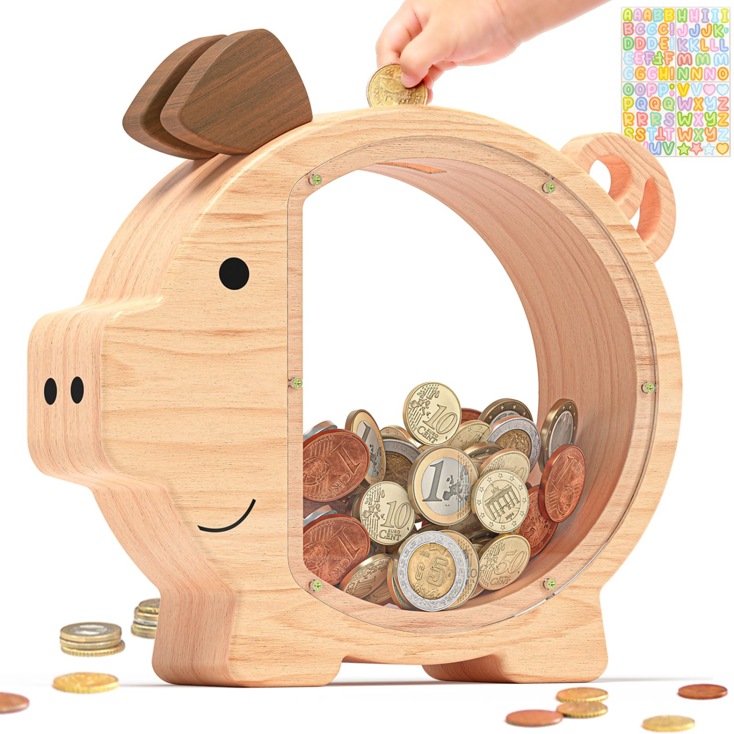 Tirelire en bois pour enfants, grande tirelire transparente en forme de cochon idéale pour les cadeaux d'anniversaire et de Noël des enfants