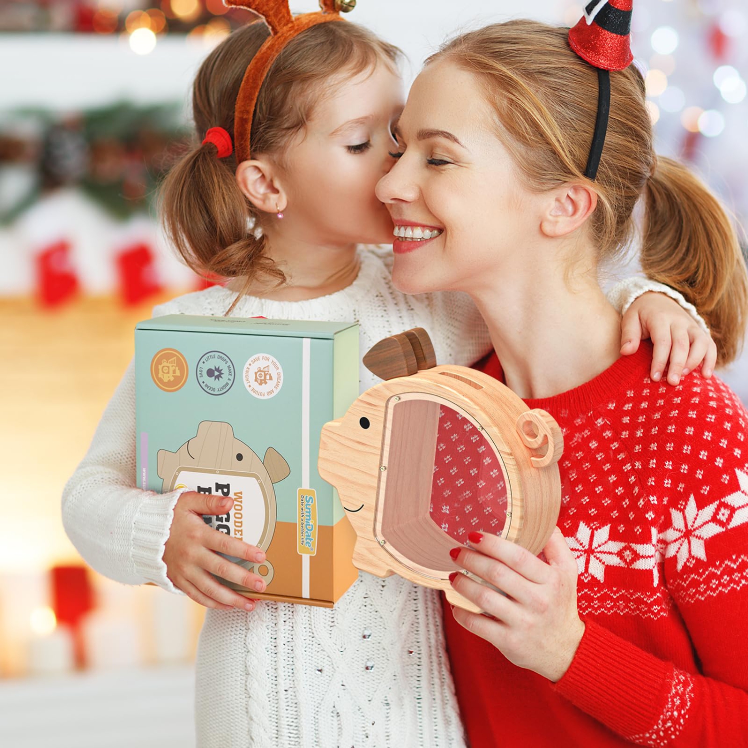 Tirelire en bois pour enfants, grande tirelire transparente en forme de cochon idéale pour les cadeaux d'anniversaire et de Noël des enfants