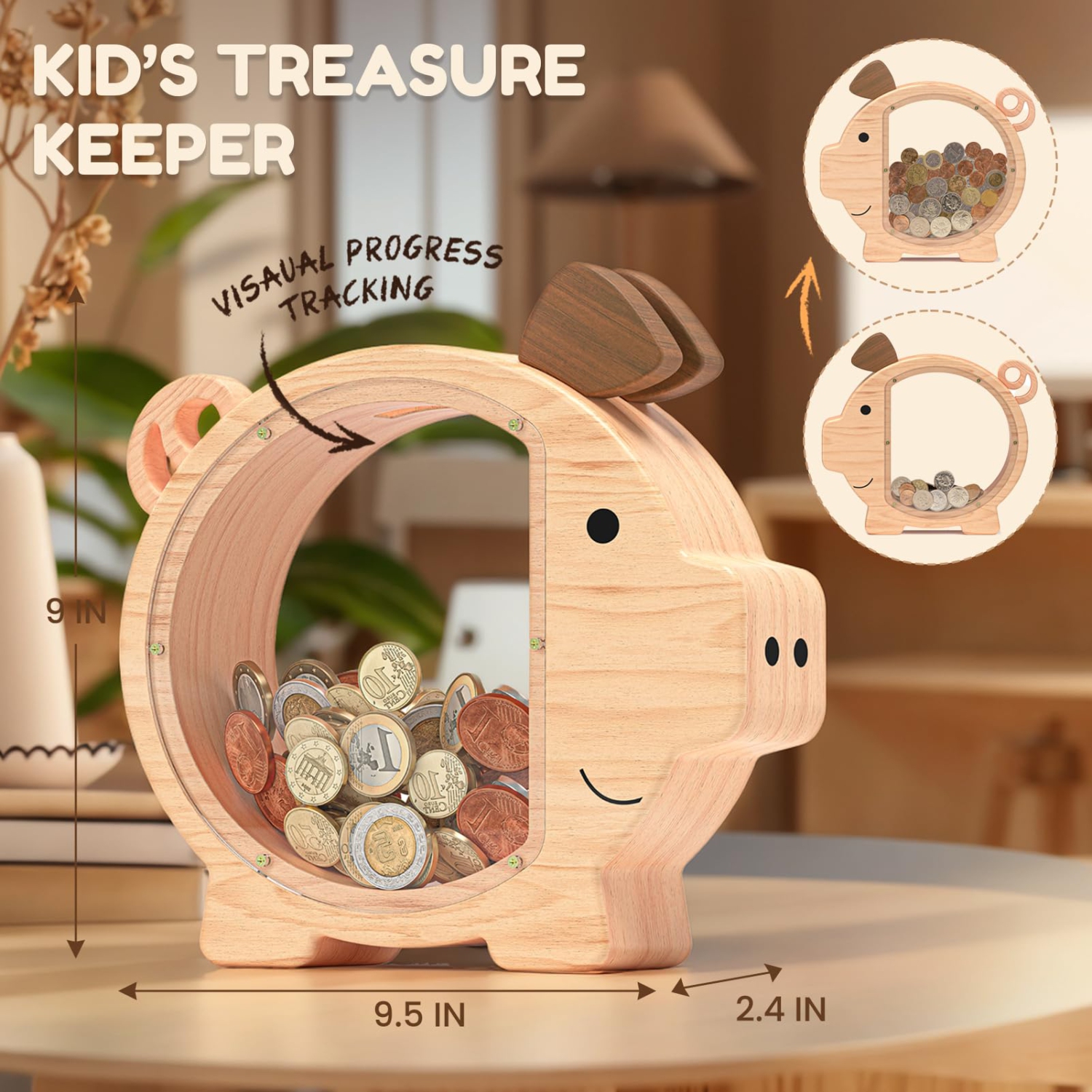 Tirelire en bois pour enfants, grande tirelire transparente en forme de cochon idéale pour les cadeaux d'anniversaire et de Noël des enfants