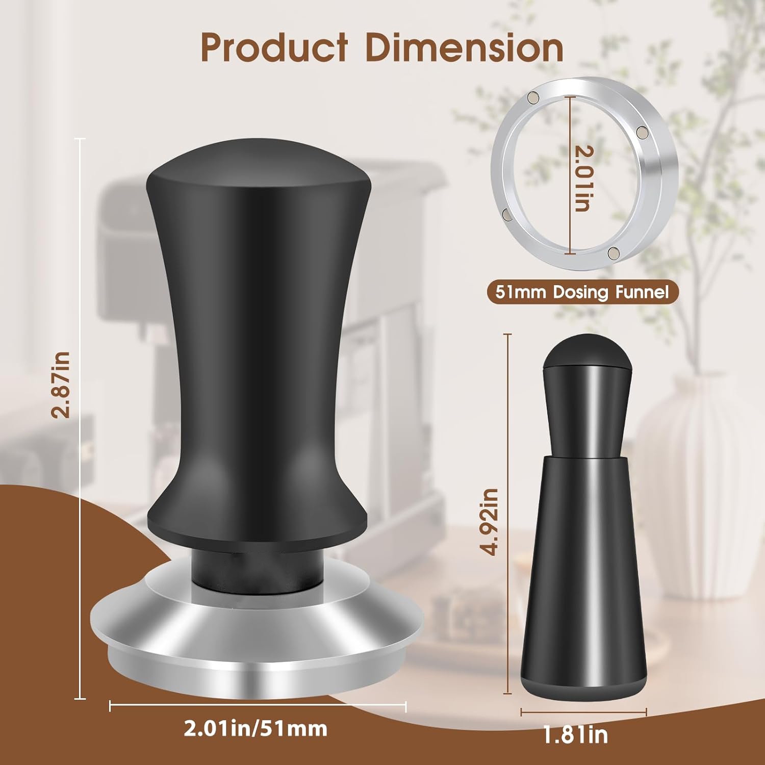 Ensemble d'accessoires pour espresso de 51 mm, pilon calibré à ressort, outil WDT et entonnoir de dosage pour machines à espresso