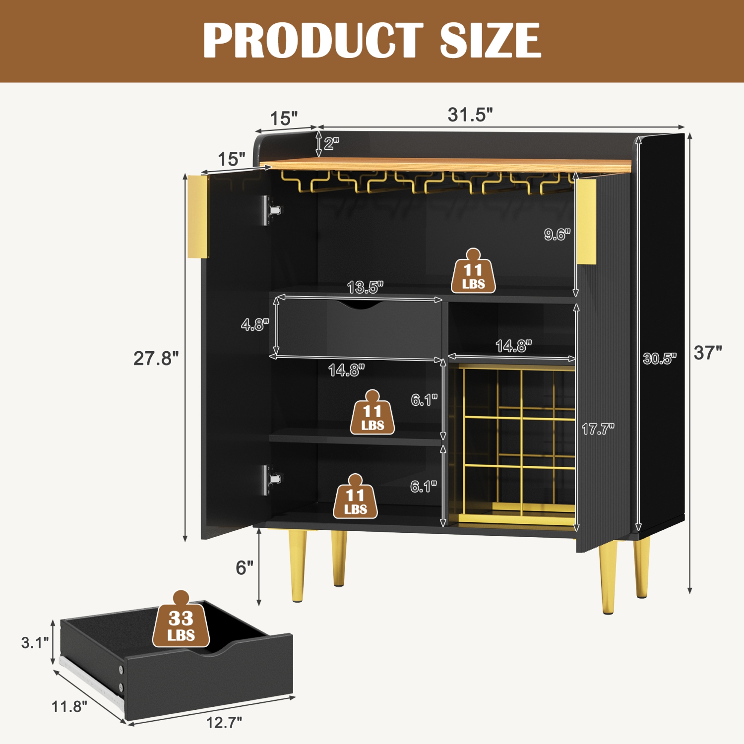 U-HOMY 31.5" Fluted Bar Cabinet - Black & Gold Modern Wine Rack with Glass Holder & Storage