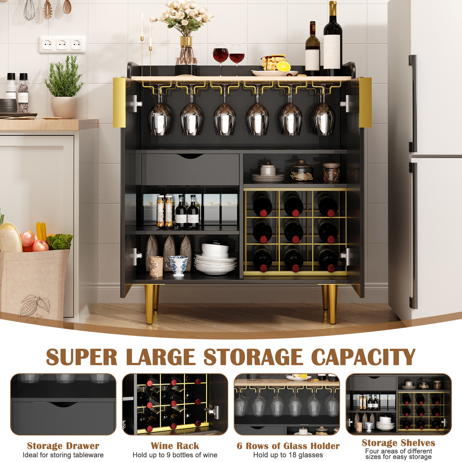 U-HOMY 31.5" Fluted Bar Cabinet - Black & Gold Modern Wine Rack with Glass Holder & Storage