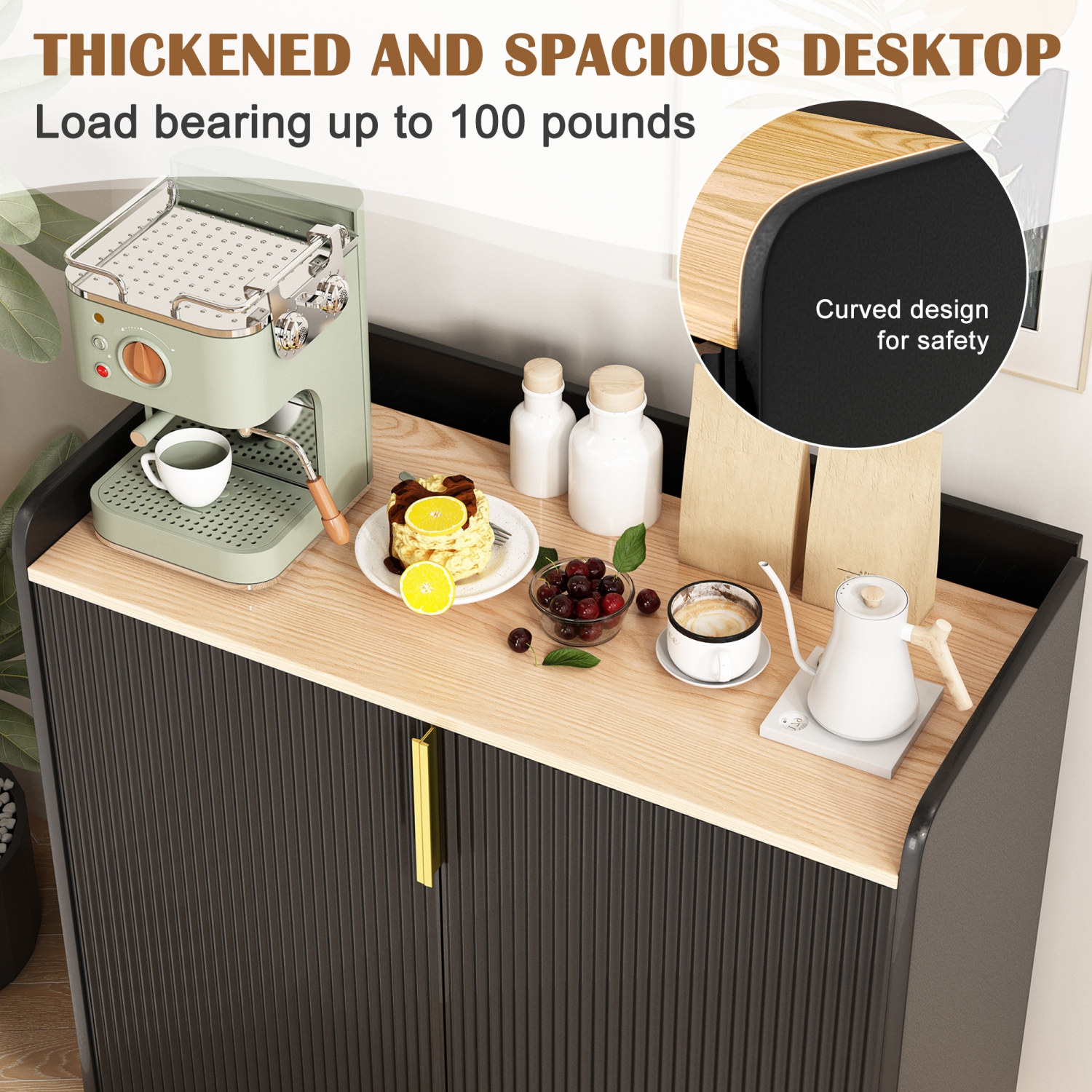 U-HOMY 31.5" Fluted Bar Cabinet - Black & Gold Modern Wine Rack with Glass Holder & Storage