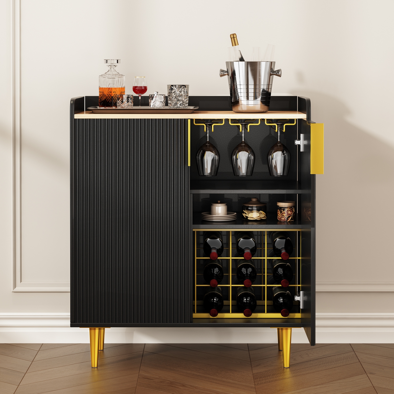 U-HOMY 31.5" Fluted Bar Cabinet - Black & Gold Modern Wine Rack with Glass Holder & Storage