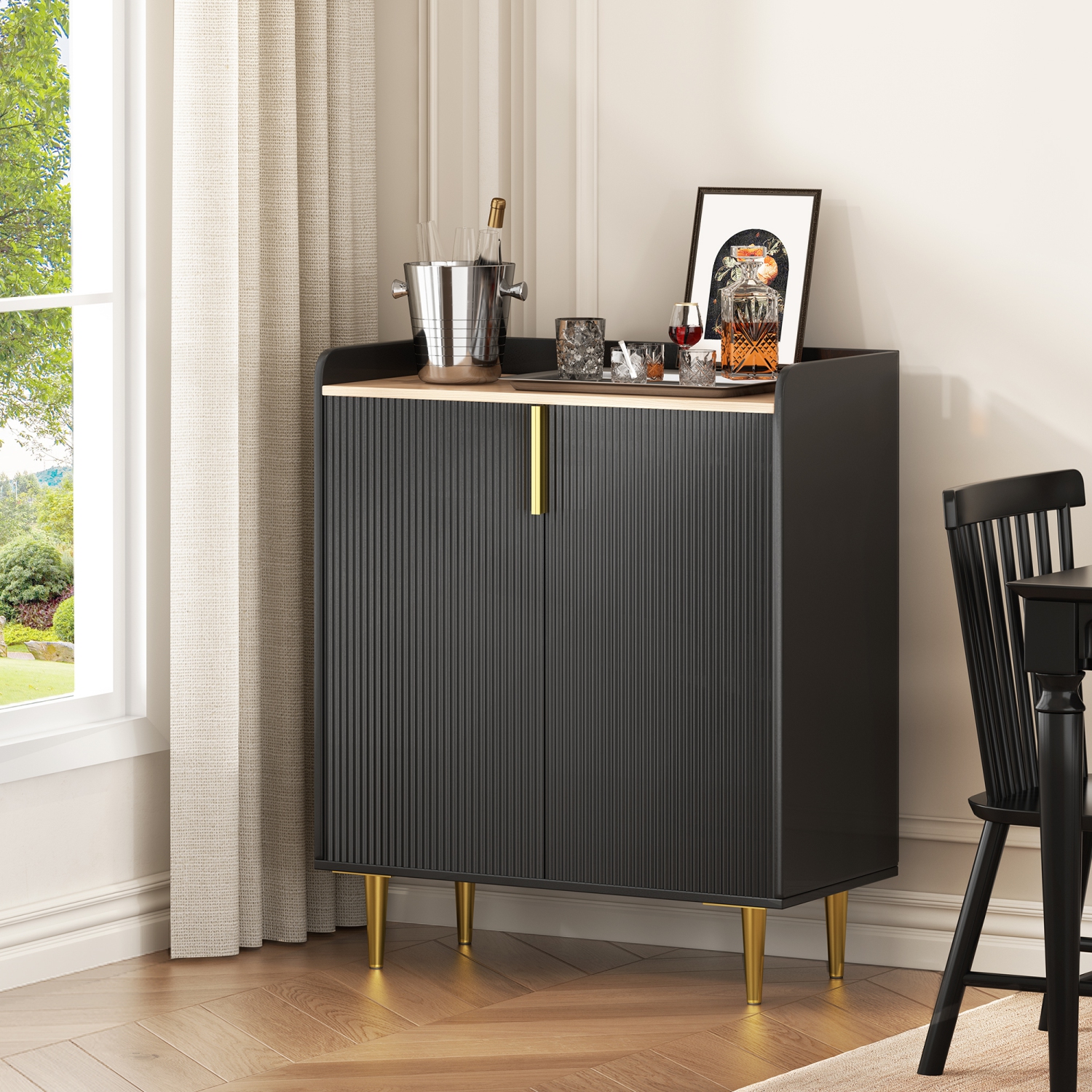 U-HOMY 31.5" Fluted Bar Cabinet - Black & Gold Modern Wine Rack with Glass Holder & Storage