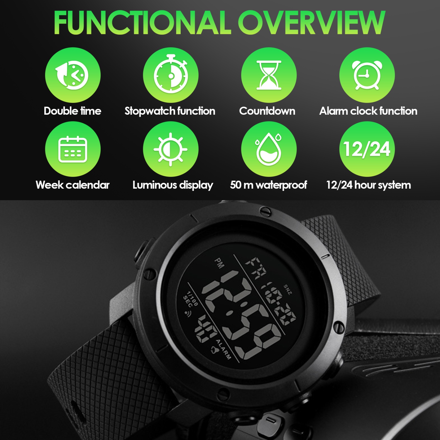 Men's Digital Sports Watch, Waterproof Backlight Electronic Watch