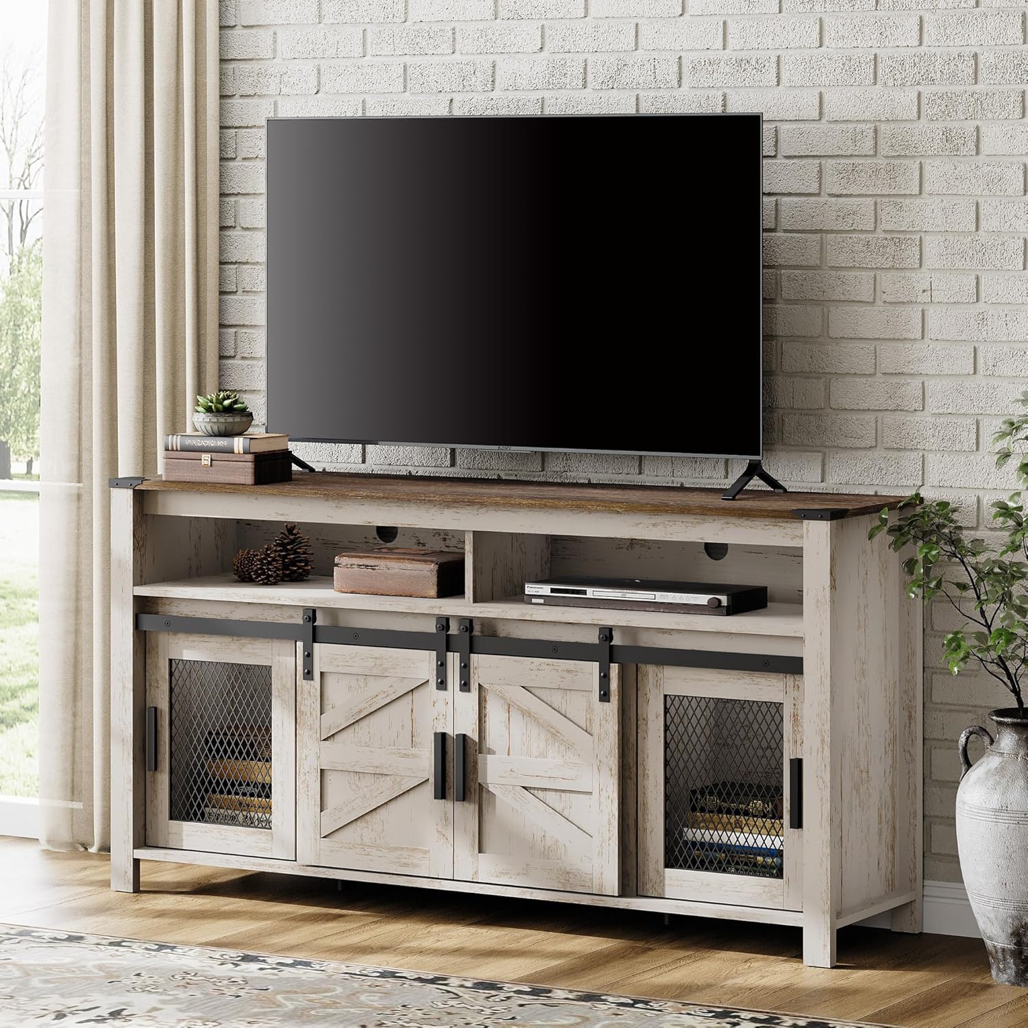WAMPAT Farmhouse TV Stand for 65+ Inch TV,Wood Entertainment Centre with Sliding Barn Door,Rustic Media Console for Living Room, Bedroom,Rustic Oak