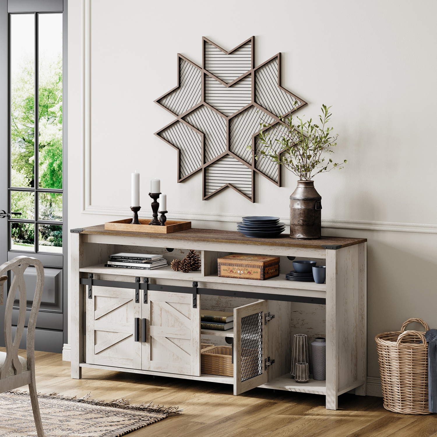 WAMPAT Farmhouse TV Stand for 65+ Inch TV,Wood Entertainment Centre with Sliding Barn Door,Rustic Media Console for Living Room, Bedroom,Rustic Oak