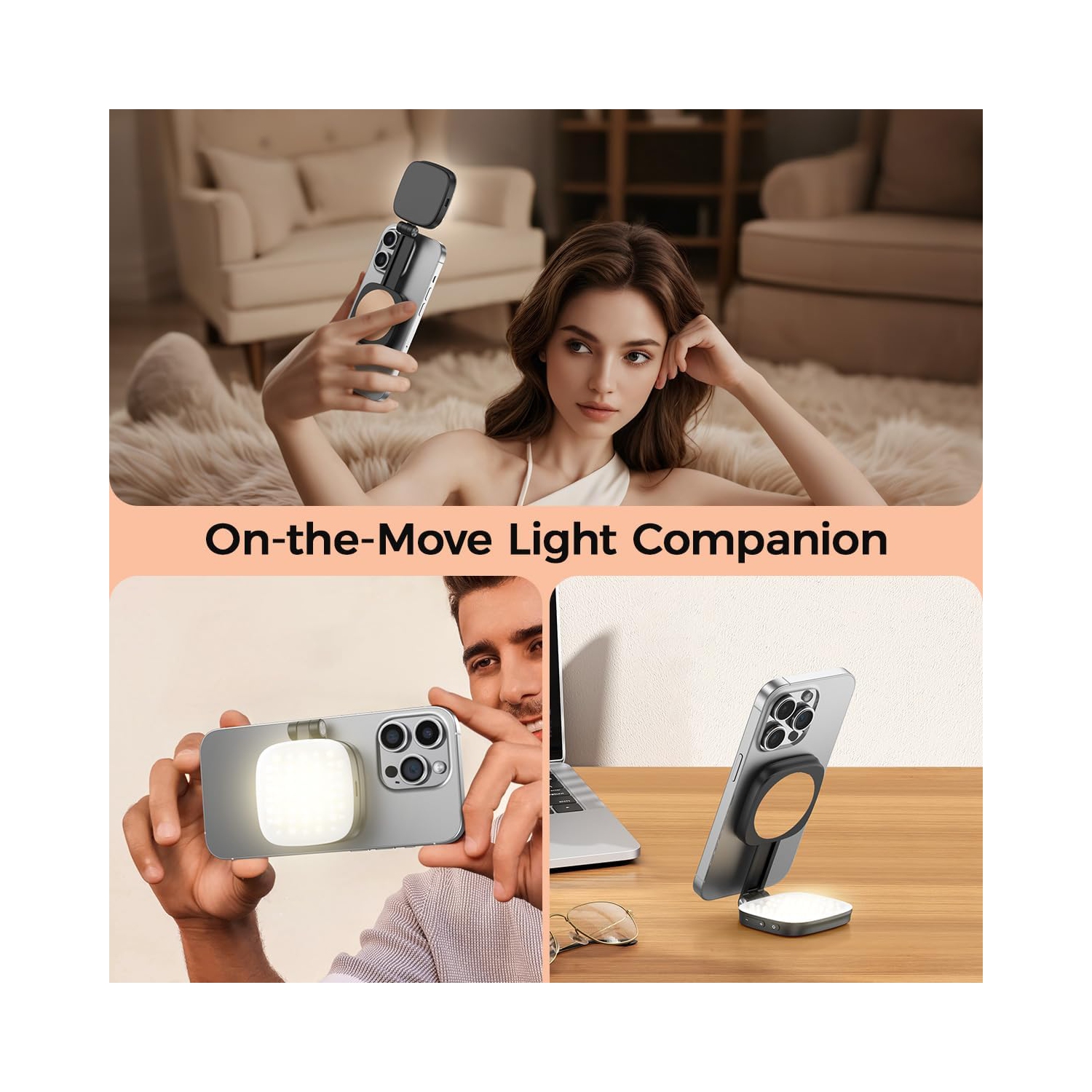 Magnetic Selfie Light Compatible with MagSafe iPhone,Phone Light with Mirror for iPhone,Folding LED Phone Fill Ring Lighting for Selfie Record Video