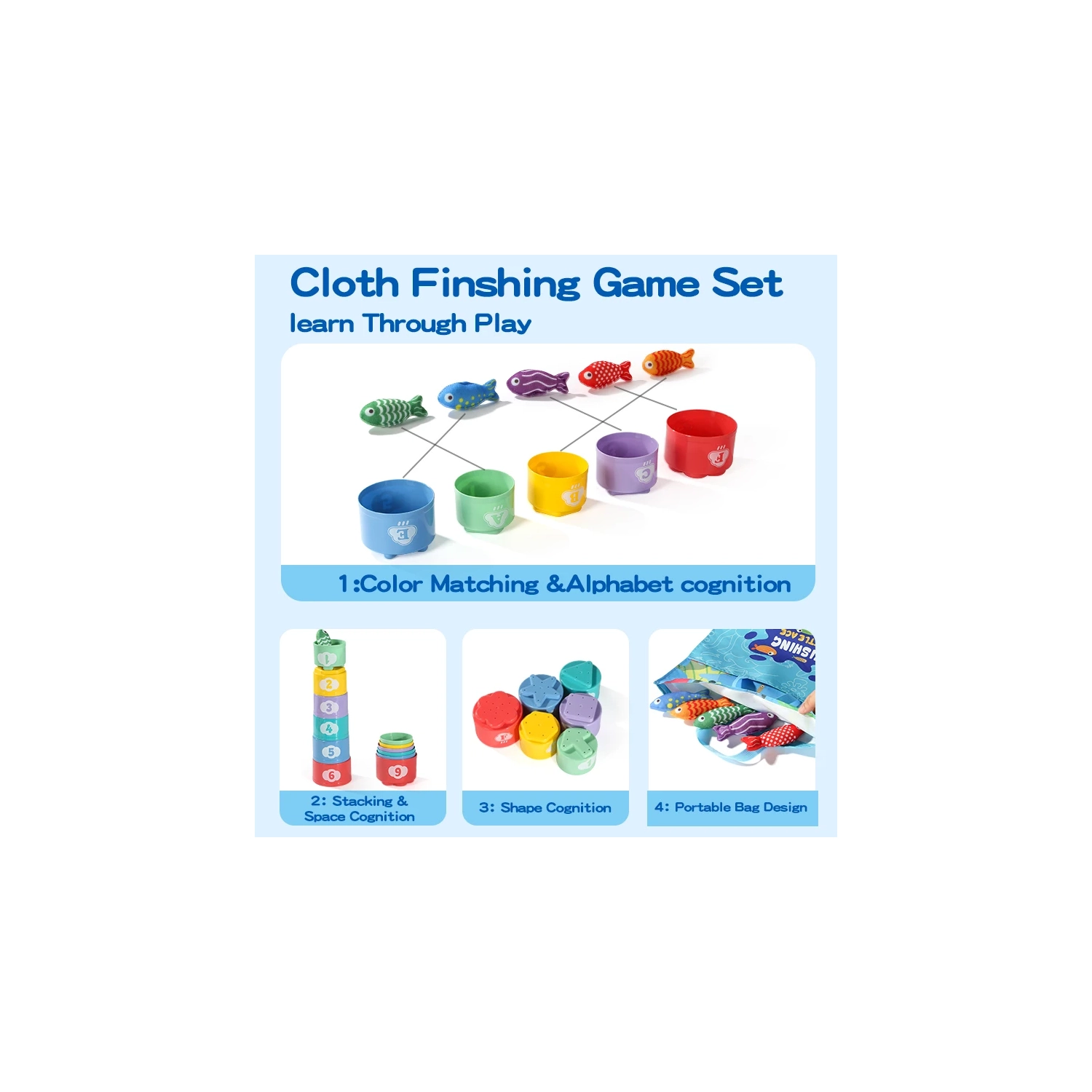 Toddler Toys for Montessori Toys for 1-3Year Old, 26PCS Cloth Fishing Game with Stacking Cups for Hand-Brain Coordination Sensory Toys