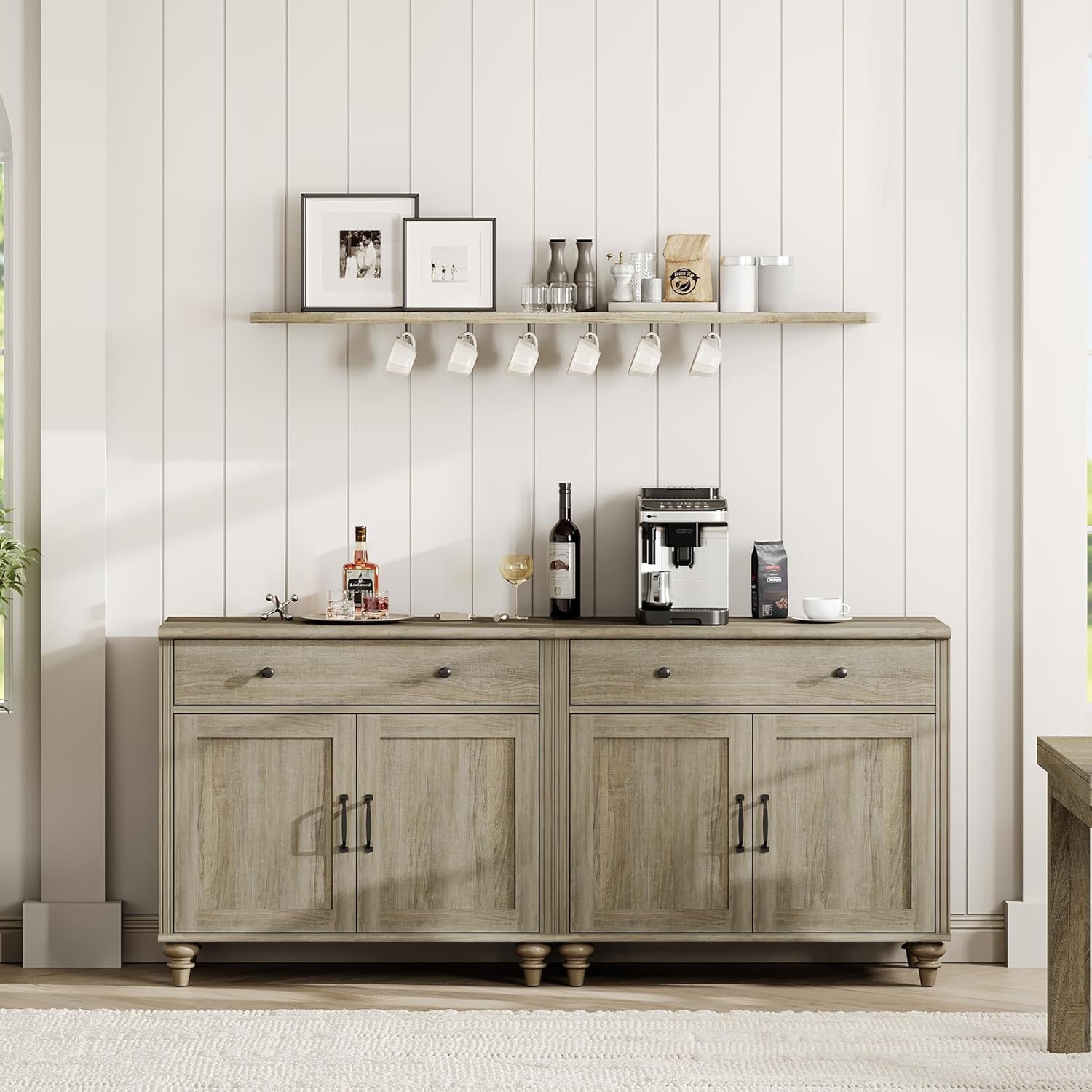 WAMAPT – Buffet avec 4 portes et 2 tiroirs, grande table basse, armoires de rangement en bois, crédence moderne pour la salle à manger, gris délavé,