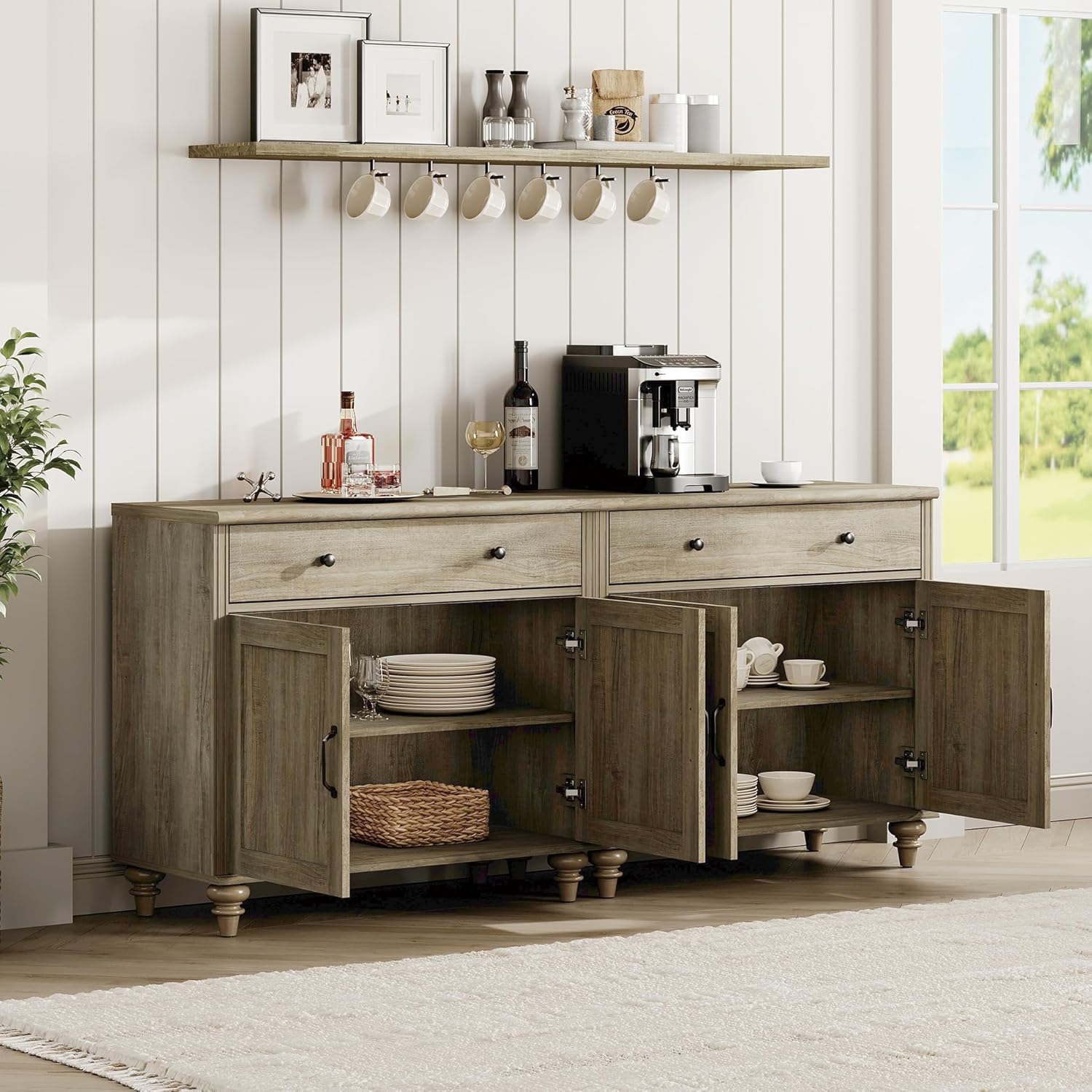 WAMAPT – Buffet avec 4 portes et 2 tiroirs, grande table basse, armoires de rangement en bois, crédence moderne pour la salle à manger, gris délavé,