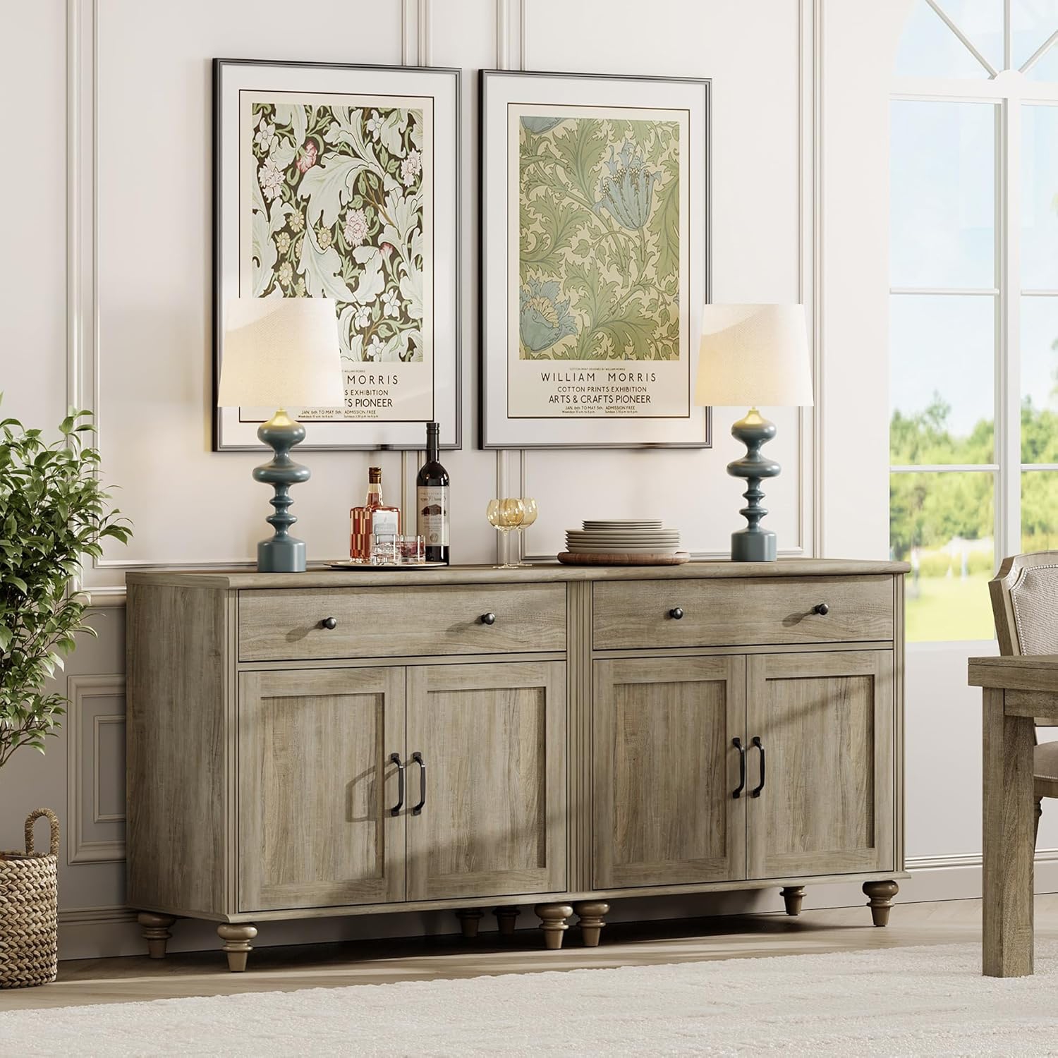 WAMAPT – Buffet avec 4 portes et 2 tiroirs, grande table basse, armoires de rangement en bois, crédence moderne pour la salle à manger, gris délavé,