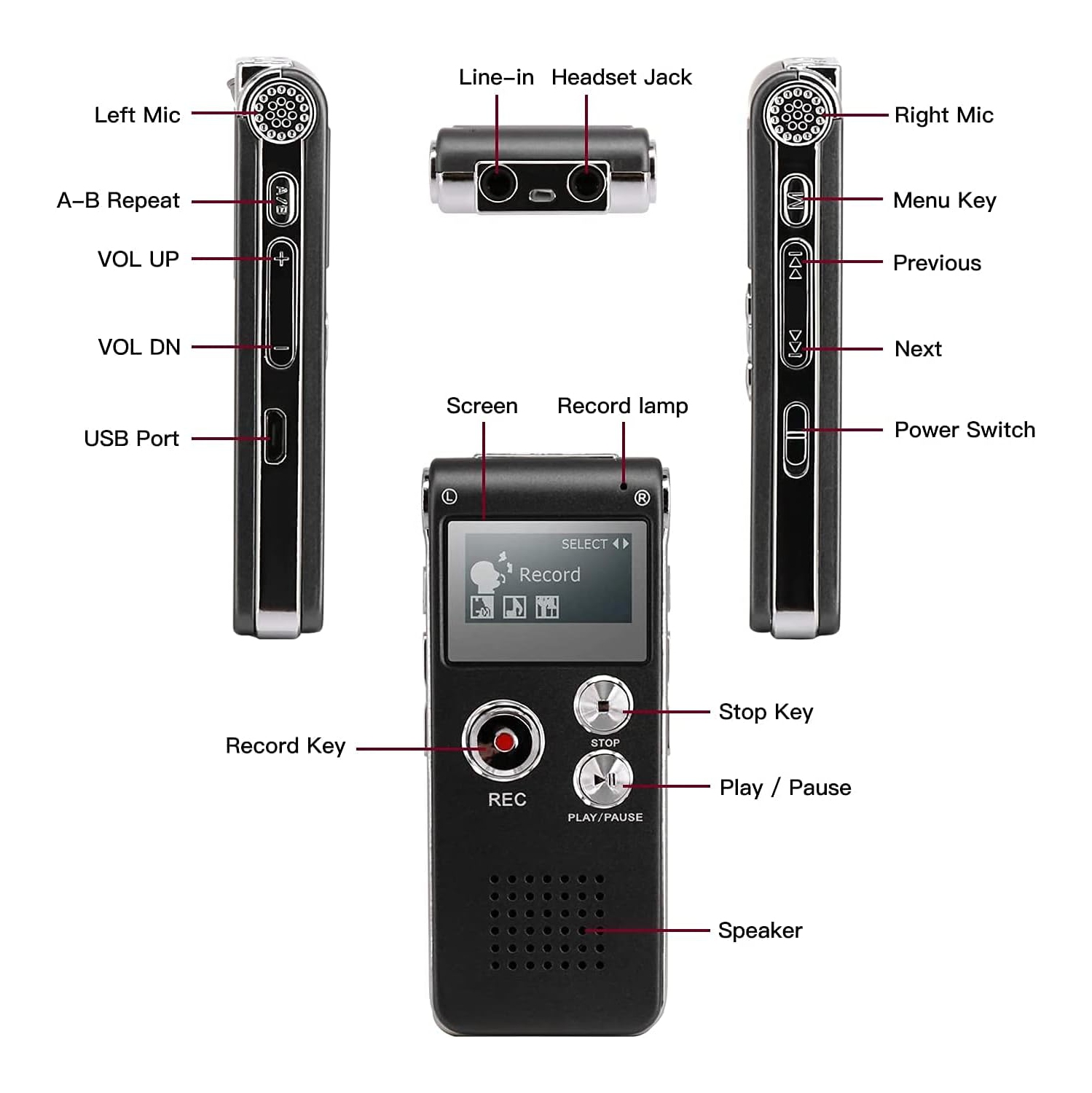 Enregistreur numérique portatif activé par la voix : lecteur MP3, chargement USB, longue autonomie, léger et portatif, peut enregistrer