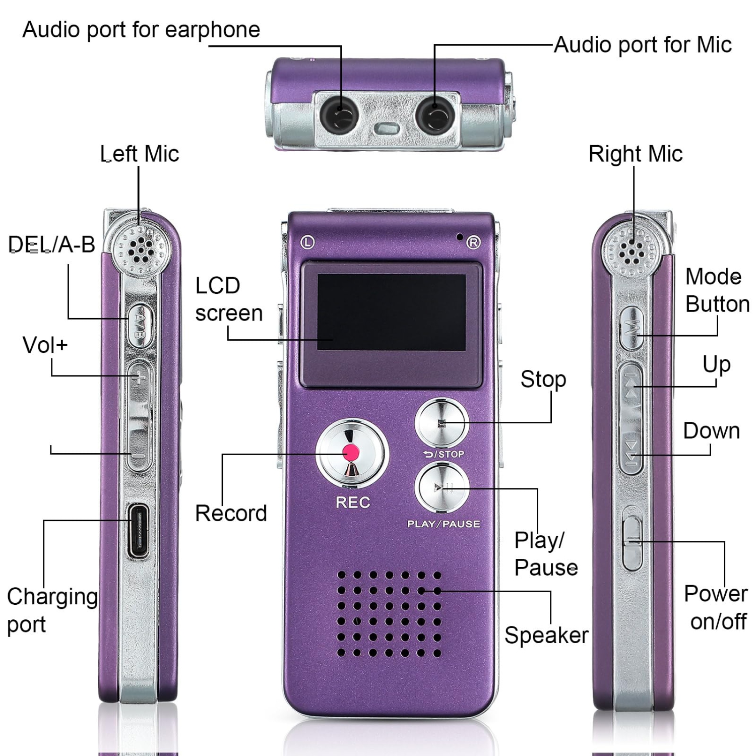 Enregistreur numérique portatif activé par la voix : lecteur MP3, lecteur audio numérique, chargement USB, longue autonomie, léger et portatif,