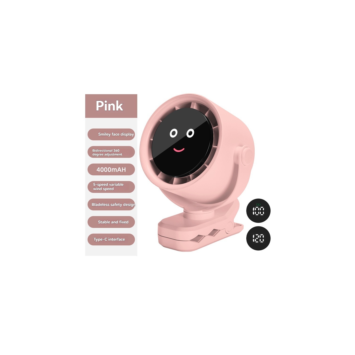 4000mAh Rechargeable Clip-On Fan with Brushless Motor, 5 Speed Settings, 720° Rotation, 36dB Ultra Quiet - Mini Portable USB Charging【pink】