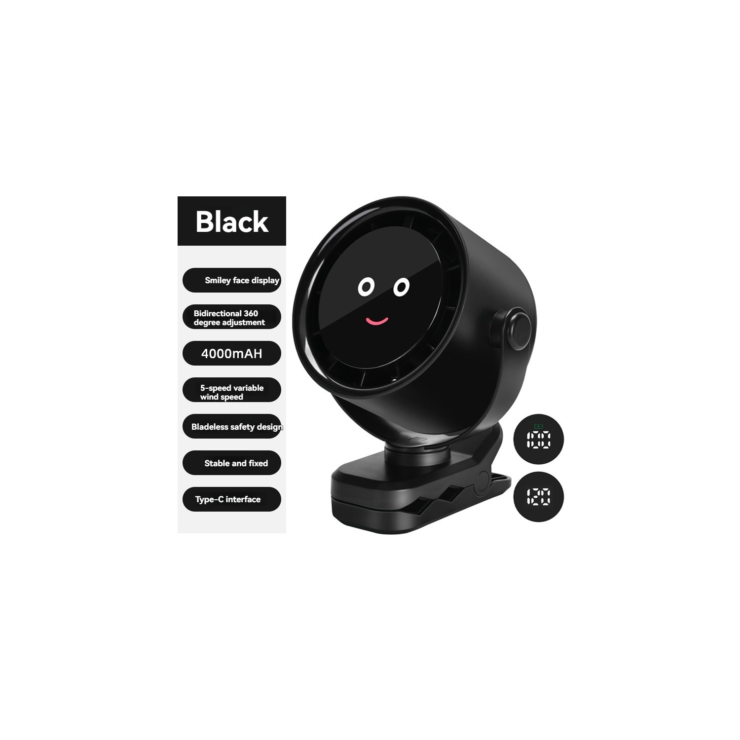 4000&nbsp;mAh – Ventilateur à pince rechargeable avec moteur sans balais, 5 réglages de vitesse, rotation à 720°, 36&nbsp;dB ultra-silencieux –