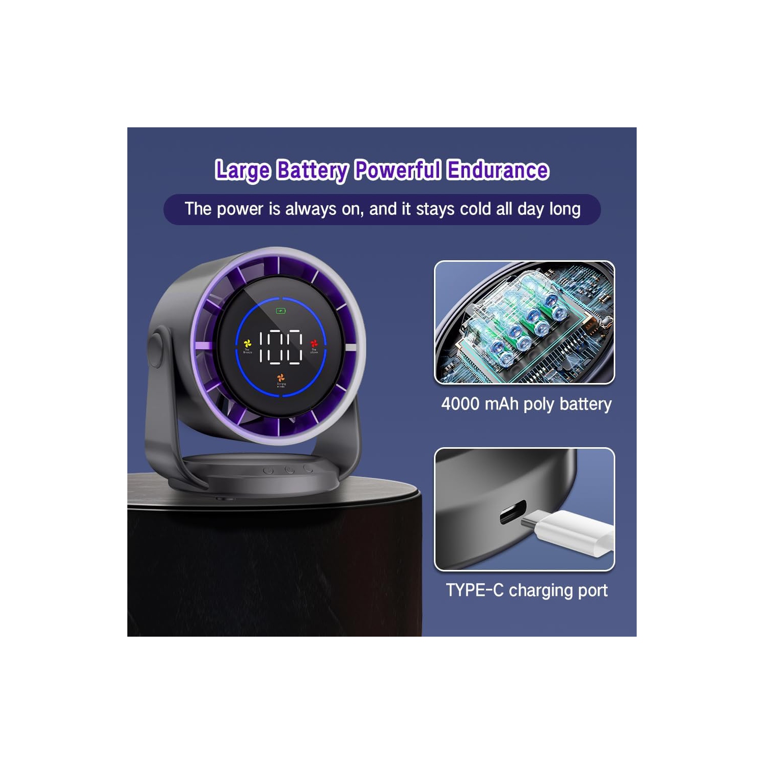 4000mAh Rechargeable Silent Turbine Desk Fan, 1-100 Speed Adjustment, LED Display, USB Charging, Digital Display for Home Office Wall Mount - Compact